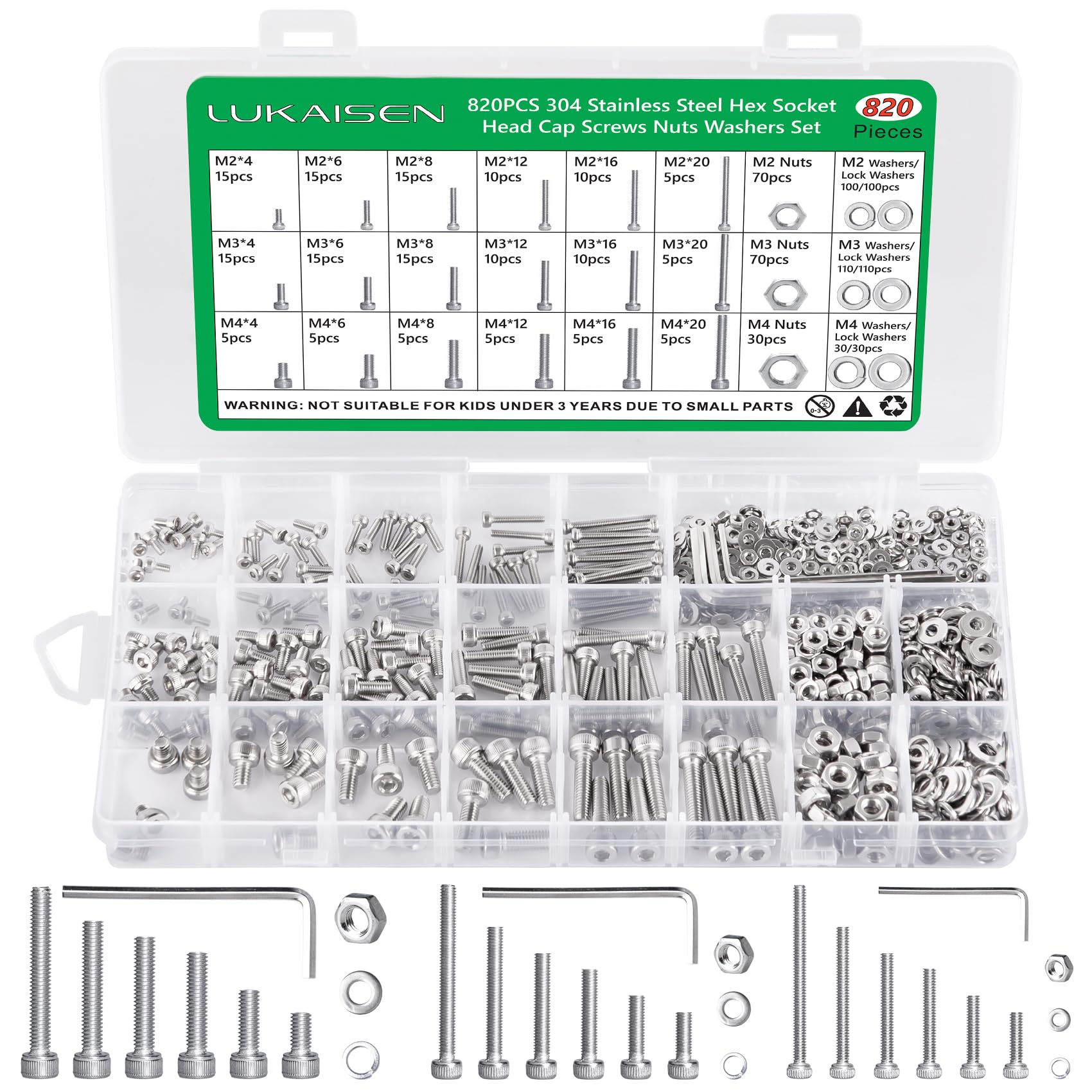 Screws and Nuts, 820PCS M2 M3 M4 Metric Screw Assortment, 304 Stainless Steel Metric Bolts and Nuts Assortment Kit, Hex Socket Head Cap Flat Washers Spring Washers Bolts Assortment Kit with 3 Wrenches