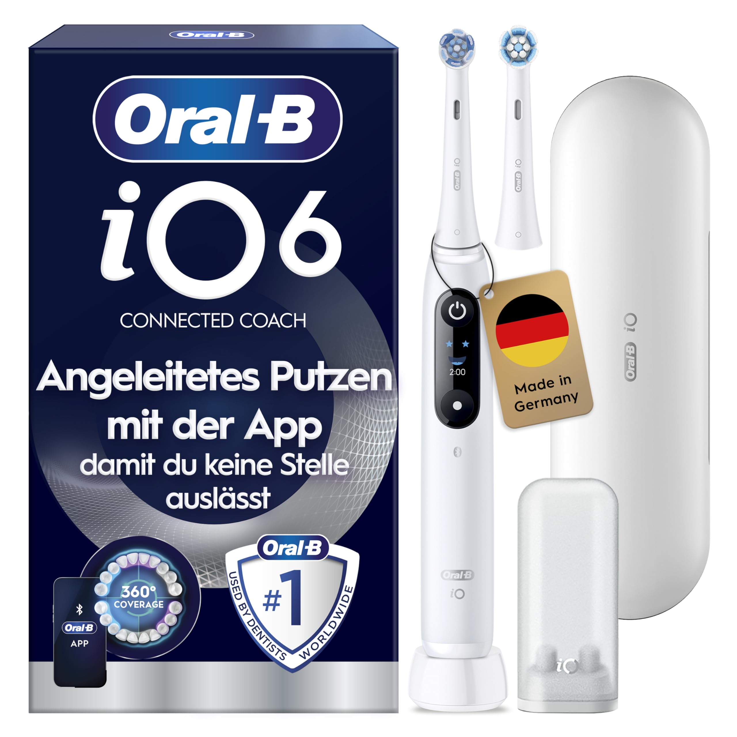 Oral-B iO Series 6 Elektrische Zahnbürste/Electric Toothbrush, 2 Aufsteckbürsten, 5 Putzmodi für Zahnpflege, Magnet-Technologie, Display & Reiseetui, Designed by Braun, white