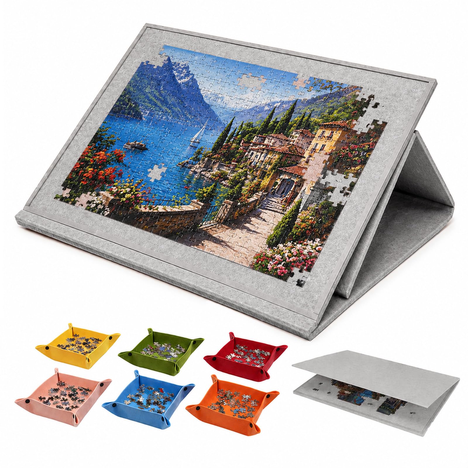 Plateau de Puzzle Pliable 1000 Pièces avec 6 Bols de Tri Colorés, Couverture 2-en-1 et Support de Puzzle, Gris Clair