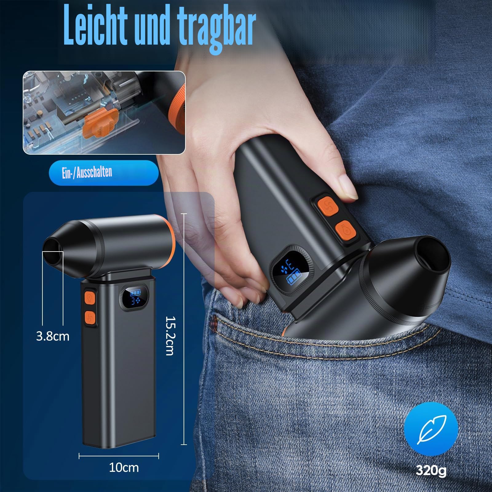 Anluomania Elektrische Staubgebläse Druckluftspray 4-Gang, 130000RPM Druckluft Compressed Air Duster, Electric Air Duster mit 6000mah Akku, Taschenlampe, Reinigungsbürste für PC, Outdoor, Sofa, Auto