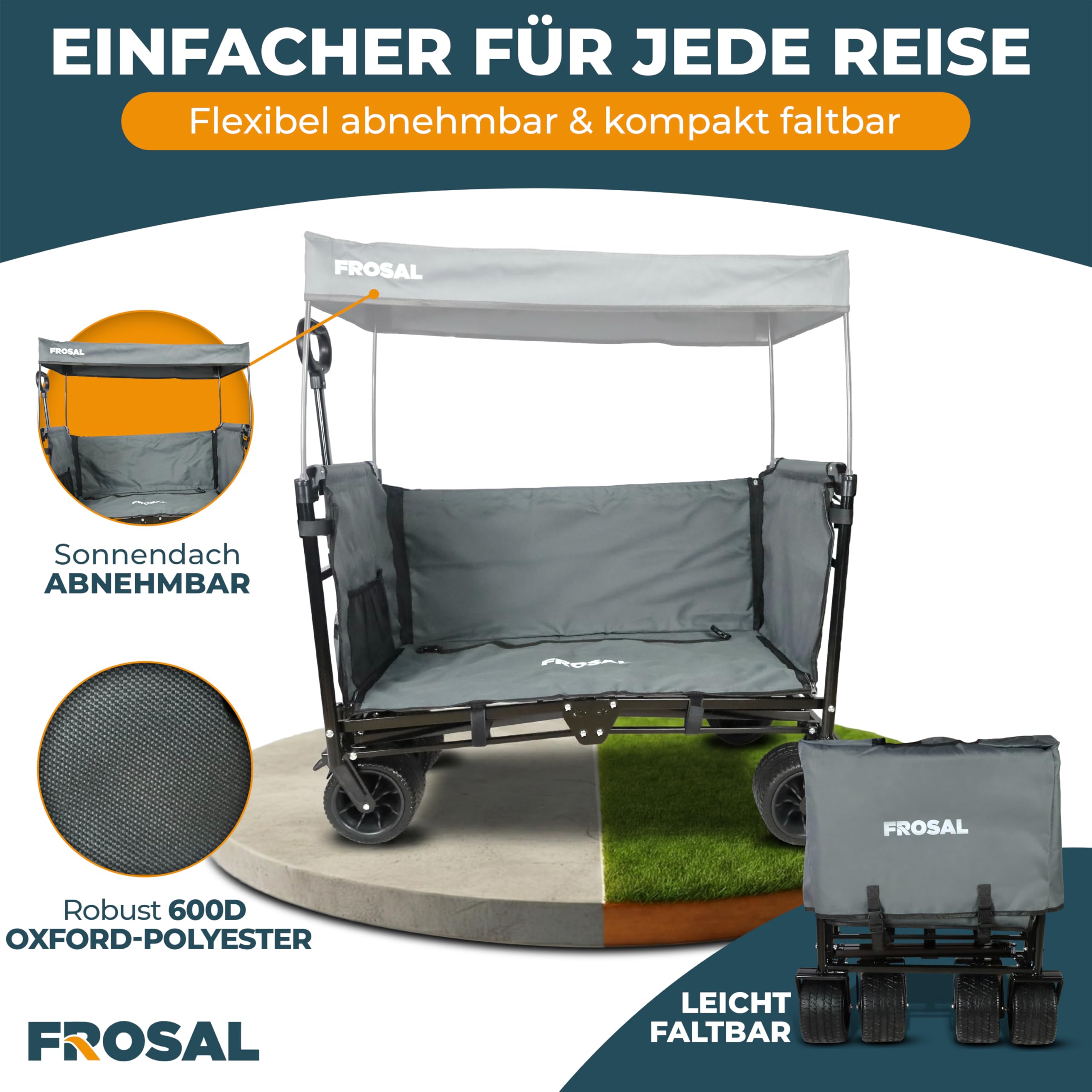 FROSAL Bollerwagen Tom faltbar mit Dach – Handwagen klappbar für Kinder, Hund & Transport – 80kg belastbar –pannensichere Räder & höhenverstellbare Zugstange – Garten & Camping Wagen grau