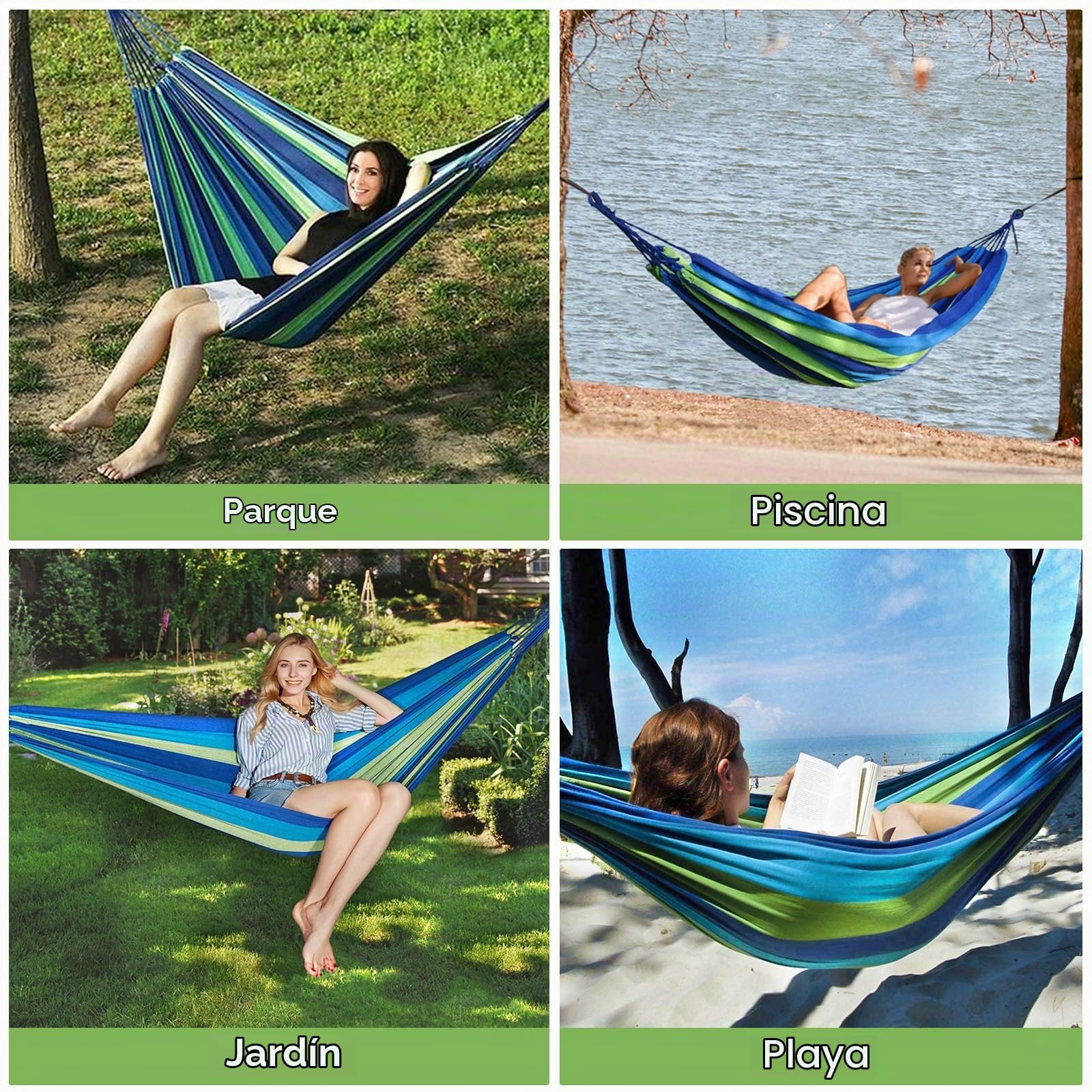 Hamaca al Aire Libre de Camping(230x150 cm), 270 kg de Capacidad de Carga, con Bolsa de Transporte, 2 Mosquetones, 2 Eslingas de Nylon, Hamaca árbol Portátil para Playa Camping