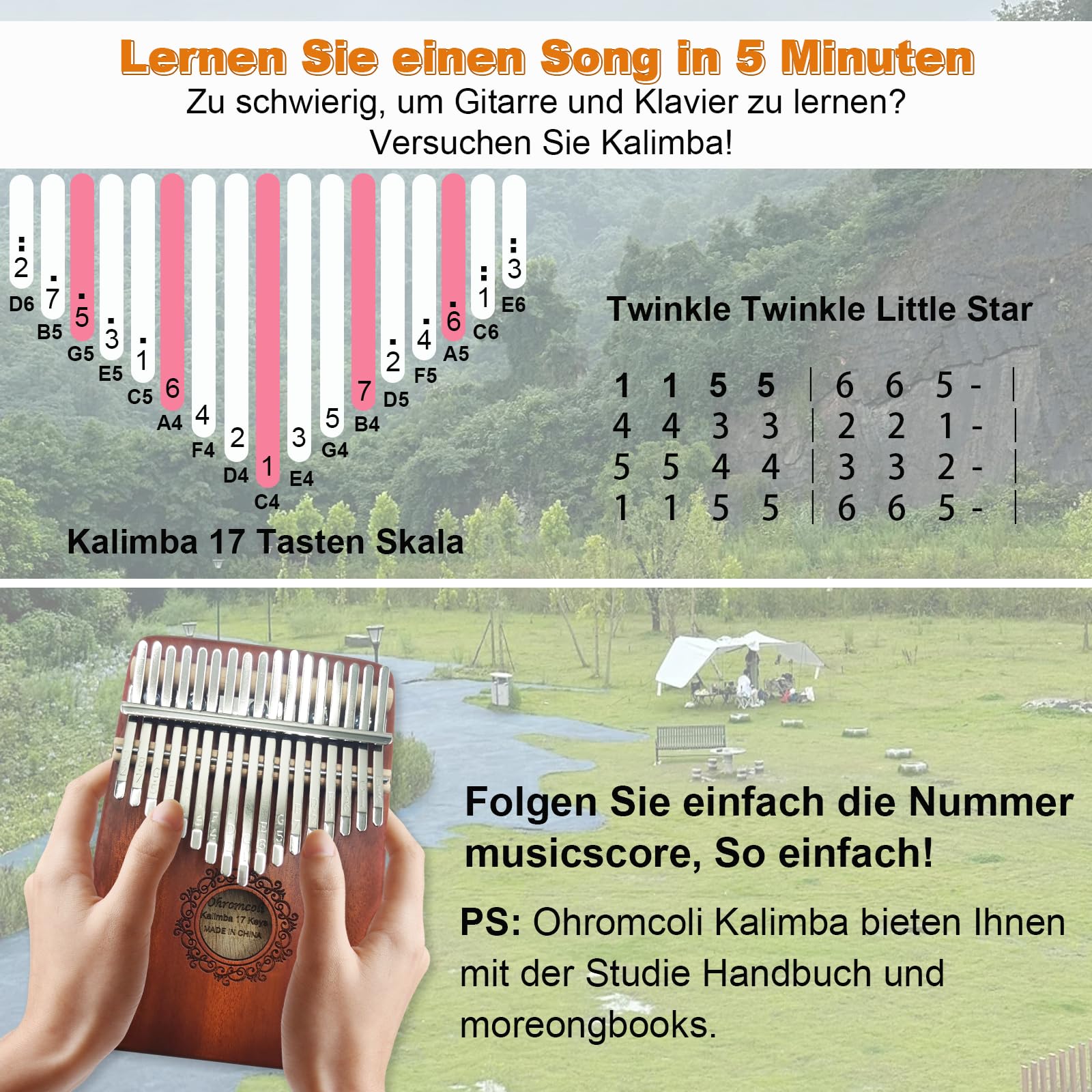Kalimba - 17 Keys Instrument Mit Lernwerkzeuge, Finger Percussion, Professionelles Daumenklavier für Kinder, Erwachsene und Musikliebhaber (Braun)