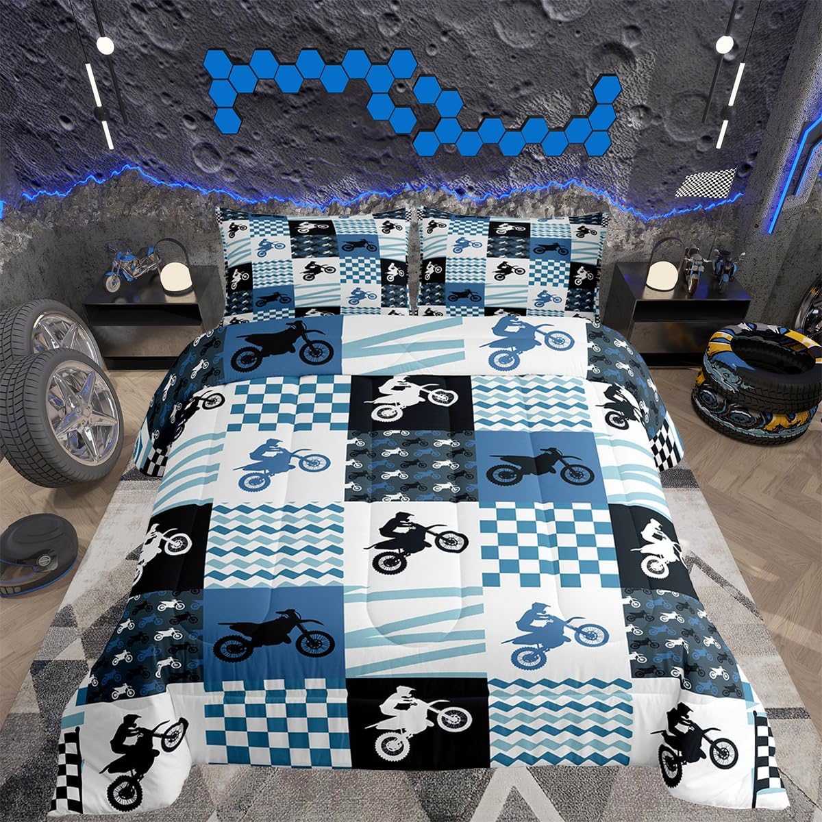 Feelyou Dirt Bike Comforter Set, Motocross Rider Bedding Comforter Sets Full, Motorcycle Down Comforter for Kids Boys Adult Men, Motorbike Extreme Sport Comforter, Buffalo Plaid, Blue Grey Black