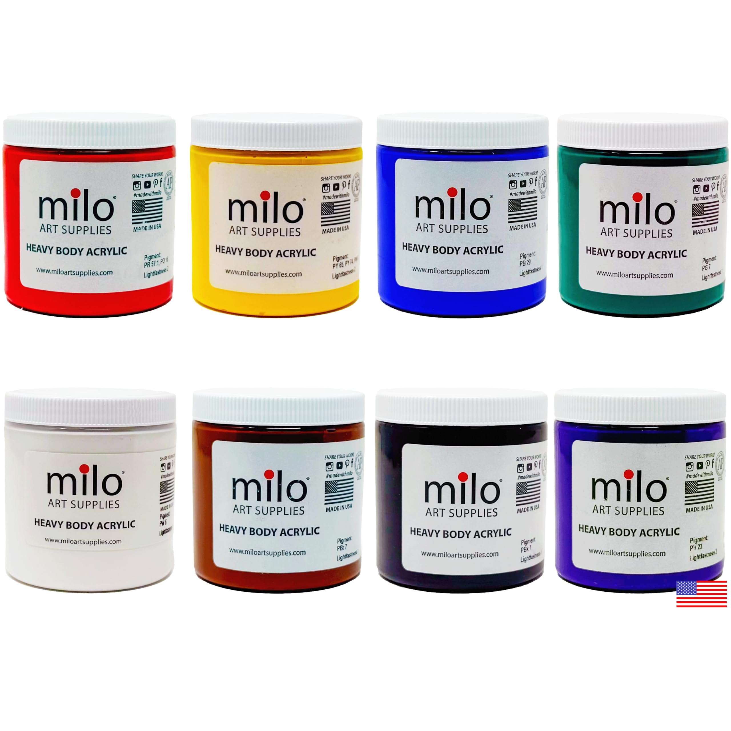 milo Acrylic Paint Set of 8 Colors | 8 ounce Jars | Heavy Body Acrylic Painting Set | Made in the USA | Non-Toxic, Holds Texture and Brush Strokes