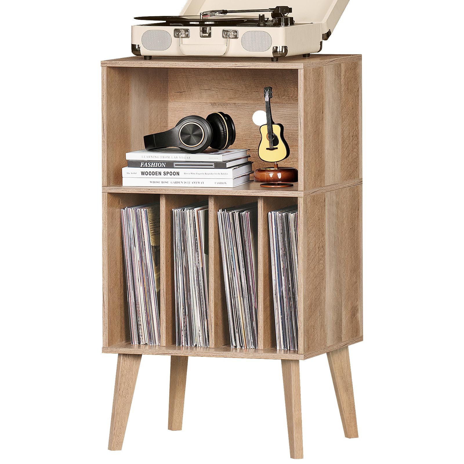 Lerliuo Record Player Stand, Oak Turntable Stand Holds up to 160 Albums, Mid-Century Vinyl Storage Cabinet Table with Solid Wood Legs, Record Player Holder Dispaly Shelf for Bedroom Living Room