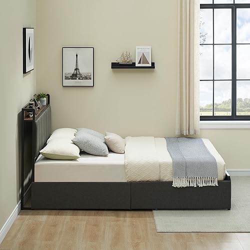 Miniatura 9 de GAOMON Queen Size Bed Frame with Storage Headboard and 2 Drawers, Linen Upholstered Platform Bed Frame with Charging Station, Heavy Duty, No Box