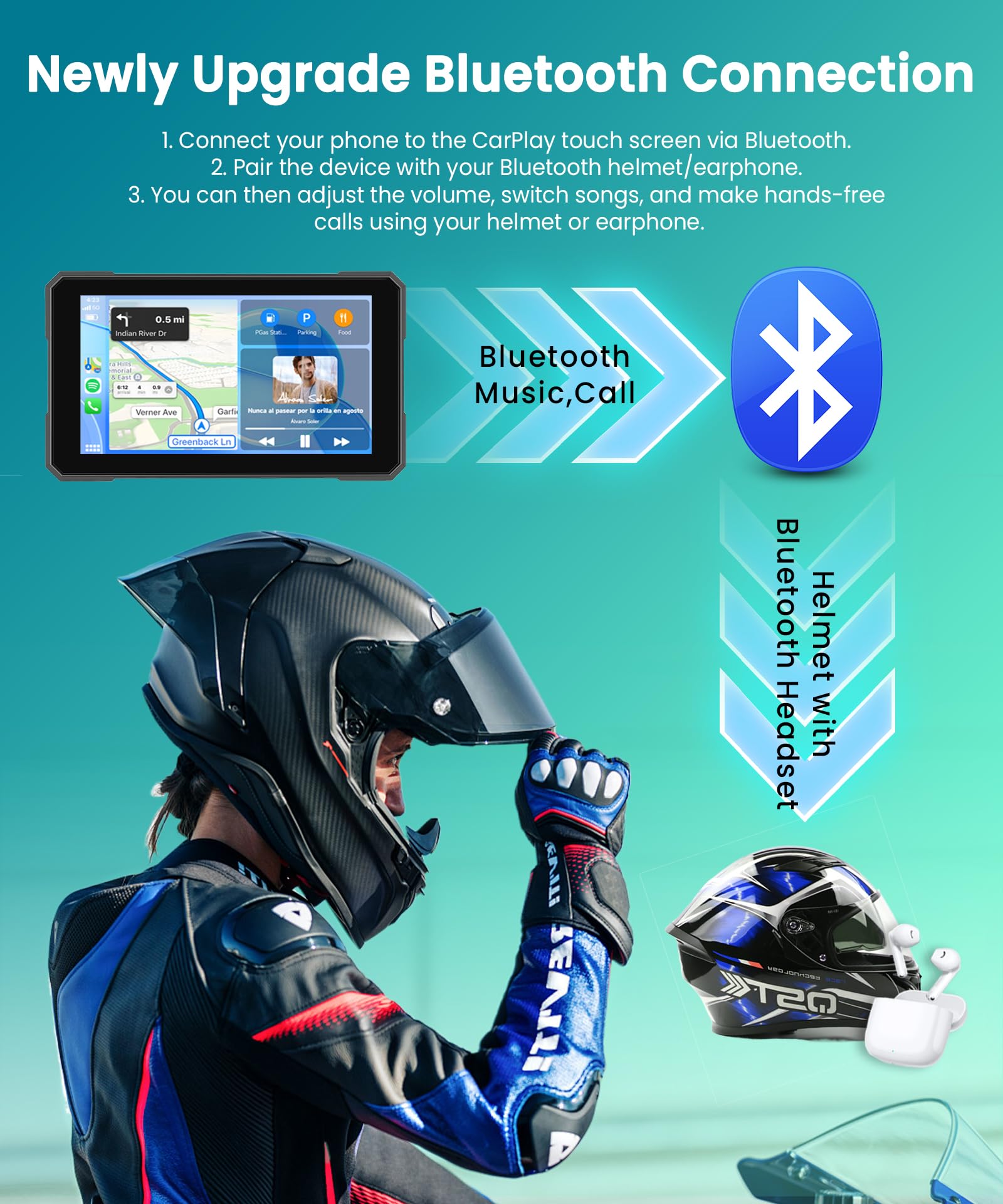 VECHTEL Motorrad Navi mit Zwei Kameras per Moto, 5'' HD Touchscreen GPS Navigation für Motorrad mit Kabelloses CarPlay und Android Auto DVR IP68 Wasserdicht Bluetooth EQ Assistente Siri/GOO-gle TPMS