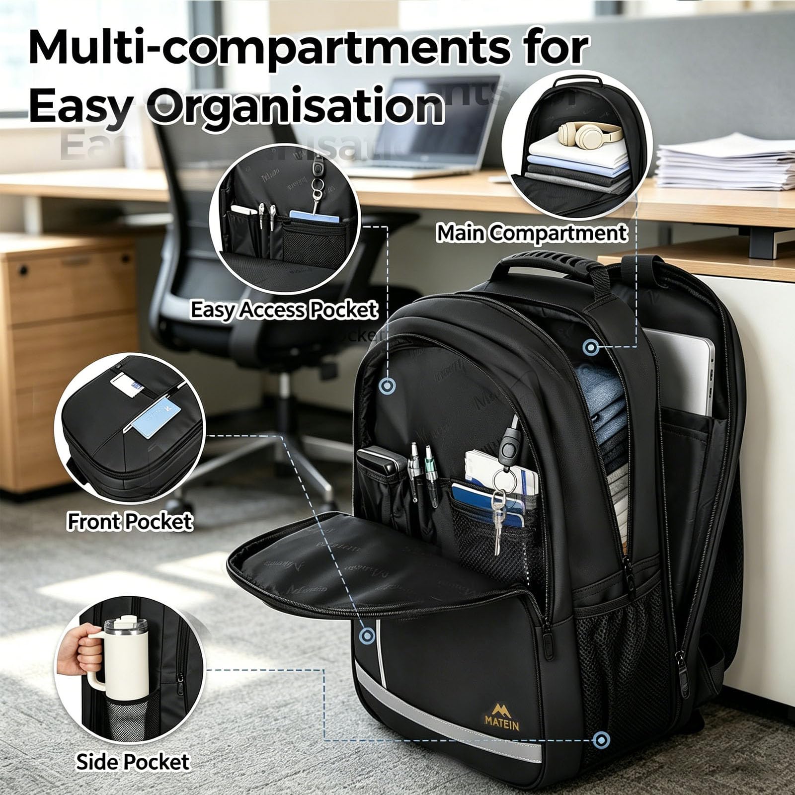 MATEIN Extra Large Backpack 55L, Work Backpack, Laptop Rucksack for Men Work, Large Rucksack with TSA Laptop Compartment, Spacious Capacity Fit for Office, Business Travel, Daily Use, Black — view 5