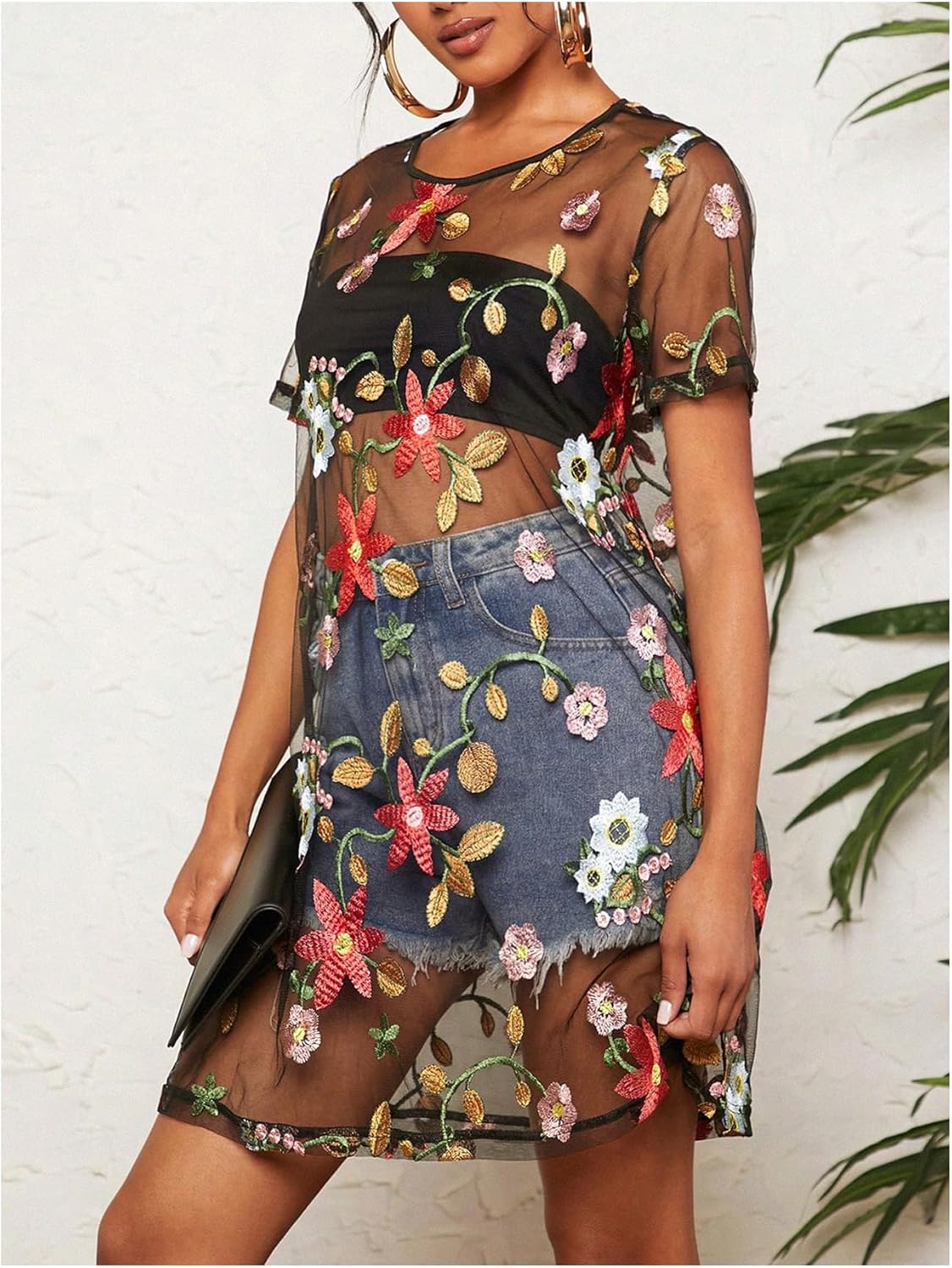 GORGLITTER Women's Embroidered Floral Mesh Tops Dressy Y2K Cute Mesh Shorts Sleeve Crew Neck See Through Going Out Tops - Image 3