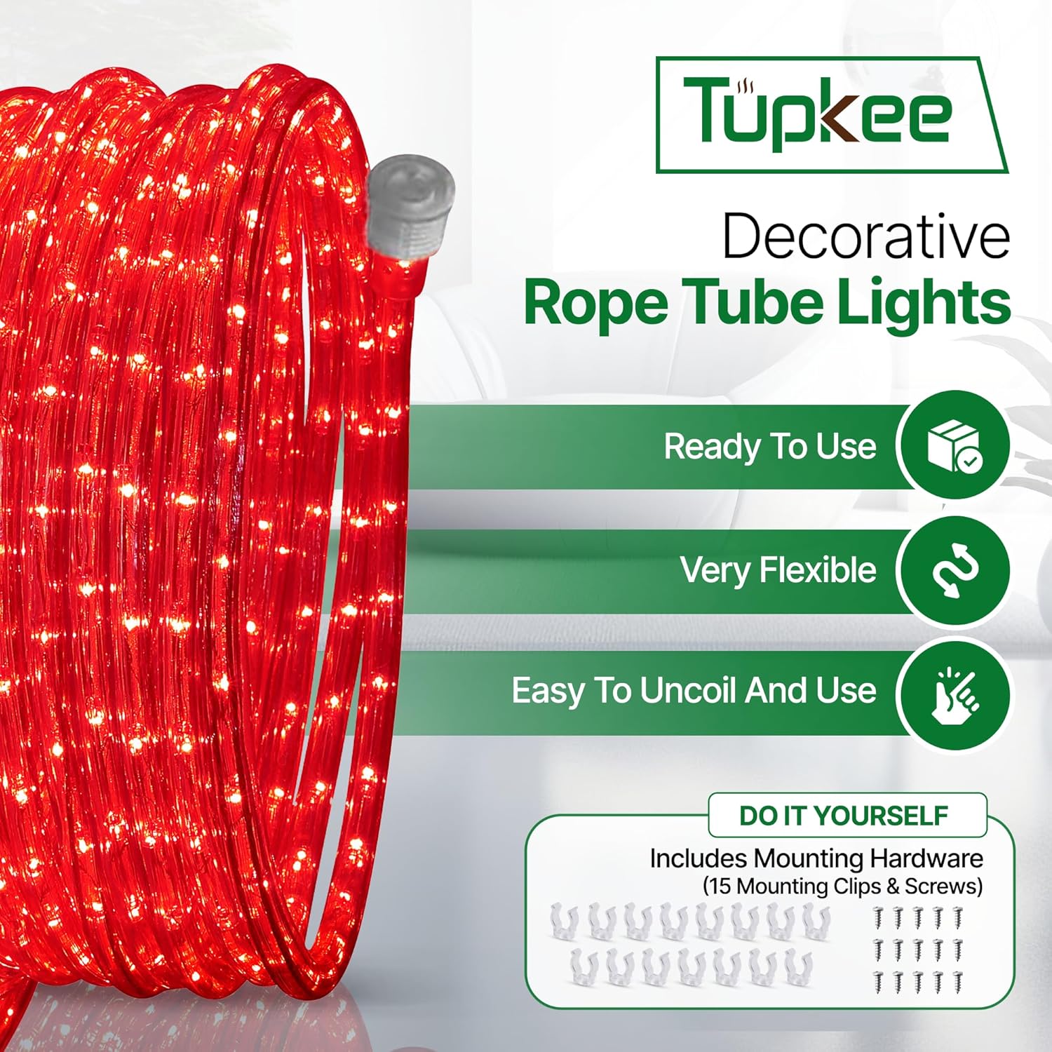 24-Foot Red LED PVC Rope Light for Indoor/Outdoor Use