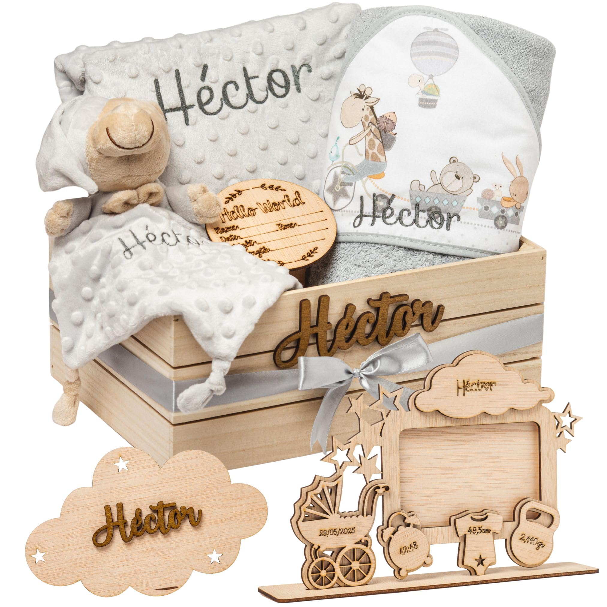 Regalo para Bebé Recién Nacido Niño o Niña | Cesta con Manta, DouDou, Capa de Baño, Nube Decorativa y Marco|Canastilla Embarazo,Bautizo,Hospital y Baby Shower | Nombre en Madera | Olesea (Gris)