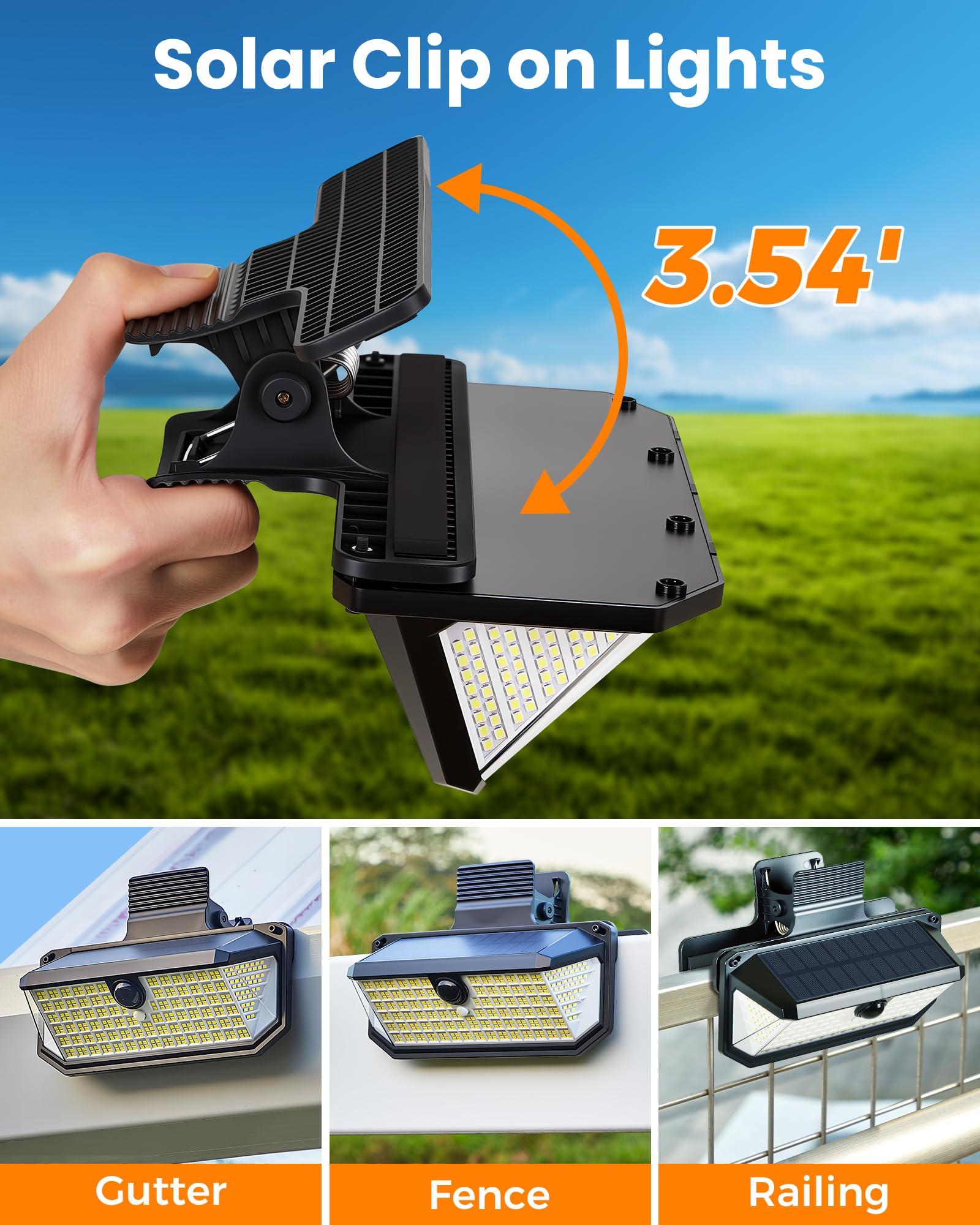 416 luci LED a movimento solare, con clip, luci solari da parete per esterni, 1500 lumen, luce di inondazione all'aria ultimo intervento, 3 modalità di illuminazione, illuminazione