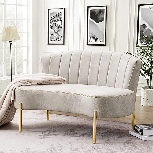 Miniatura 6 de annjoe Sofá de dos plazas tapizado banco de banquete otomano con respaldo y patas de metal dorado para comedor sala de estar dormitorio funiture