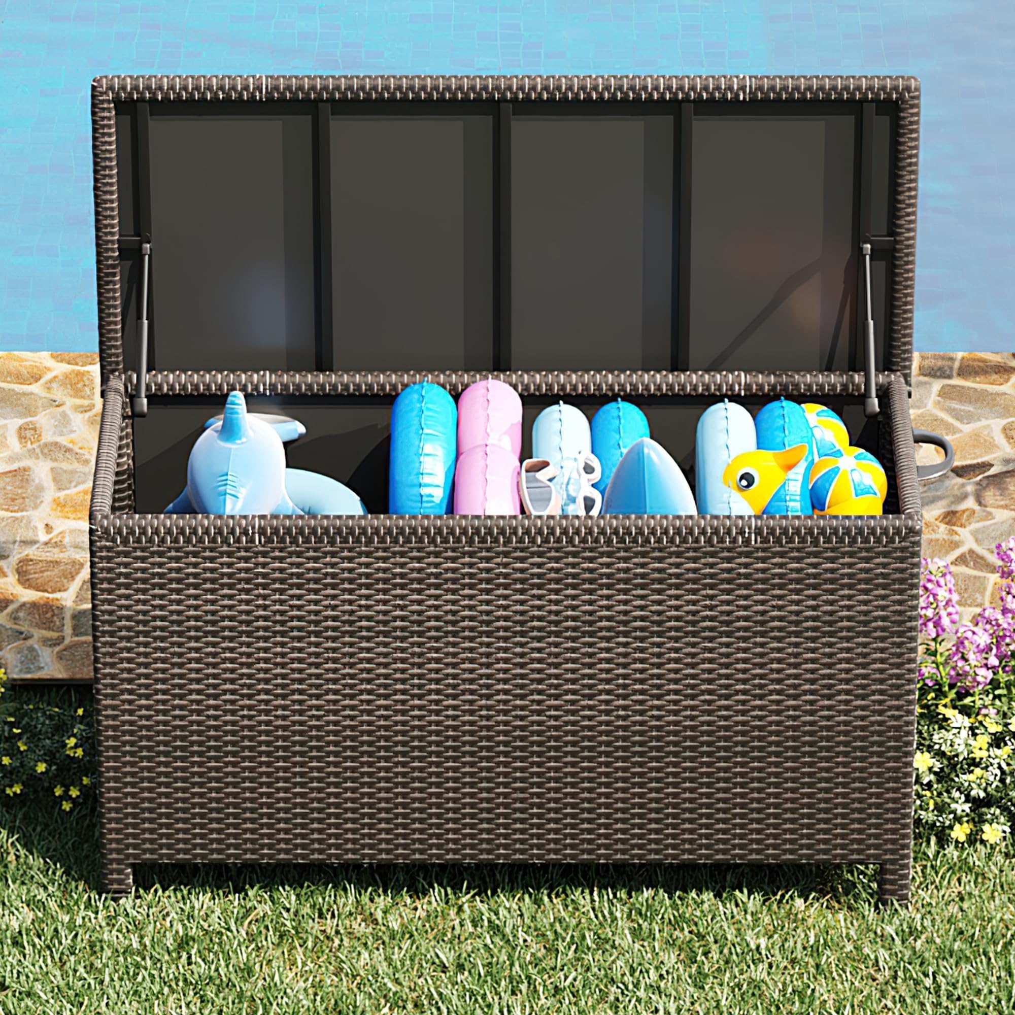 Garvee Grand Coffre De Rangement Extérieur 125 Gallons (473 l) Sur Roulettes, Résine Tressée Imperméable, Poignées Robustes, Idéal Pour Jardin, Terrasse, Piscine Et Balcon