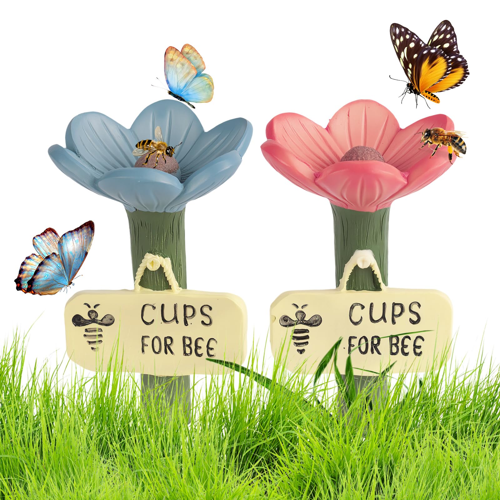 2pcs Resin Flower Bee Waterer - Colorful Garden Pollinators Drinking Cups, Bee Watering Station for Garden Lawn Pathway Driveway Patio, Hygienic Thirsty Pollinators Feeder, 6.5×11cm, Pink + Blue