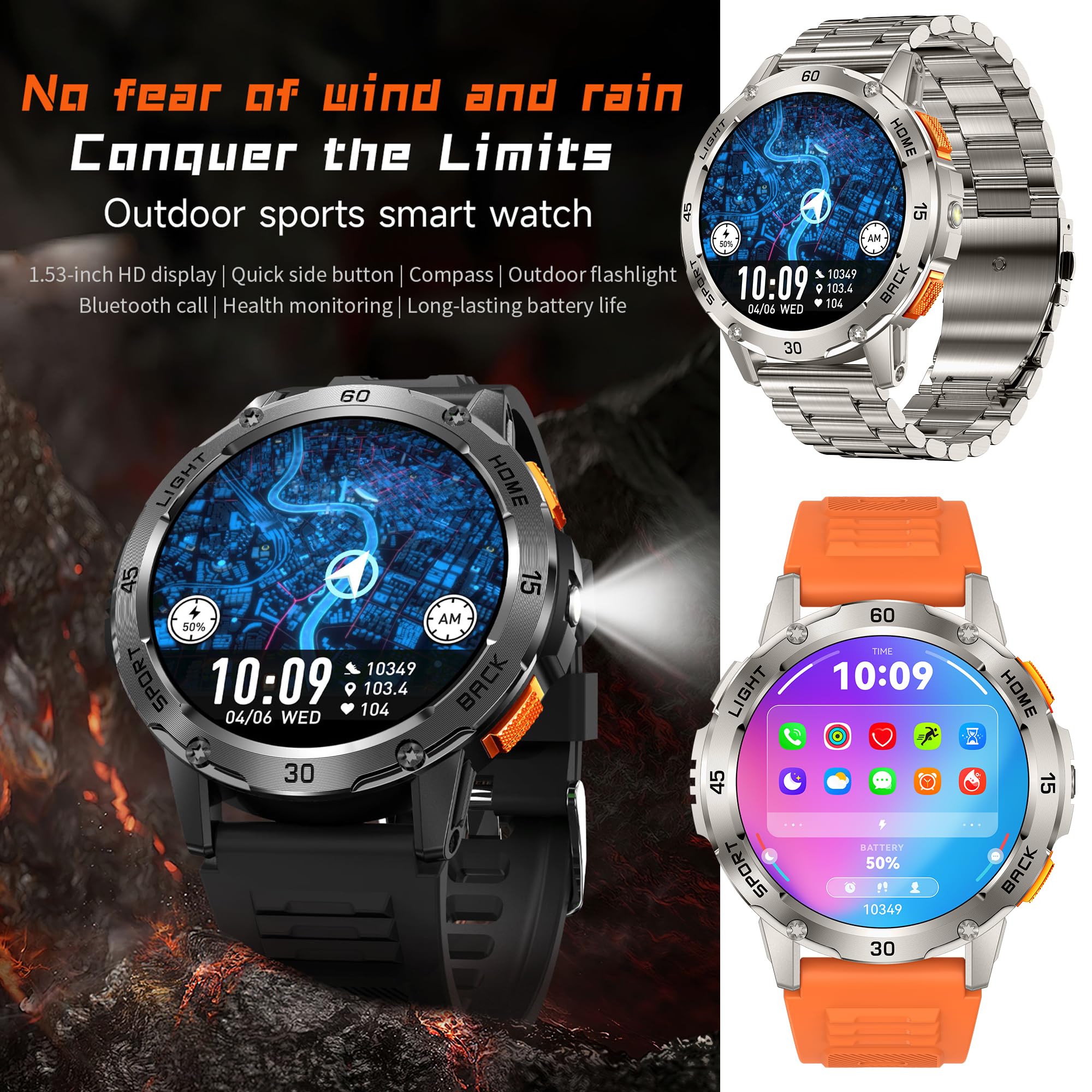 1,53" AMOLED Montre Connectée Homme avec Appel Bluetooth 5,2/Numérotation, Smartwatch Compatible Samsung Huawei Xiaomi Android iOS Podometre GPS Partagé Montre 123 Sports (Argenté)