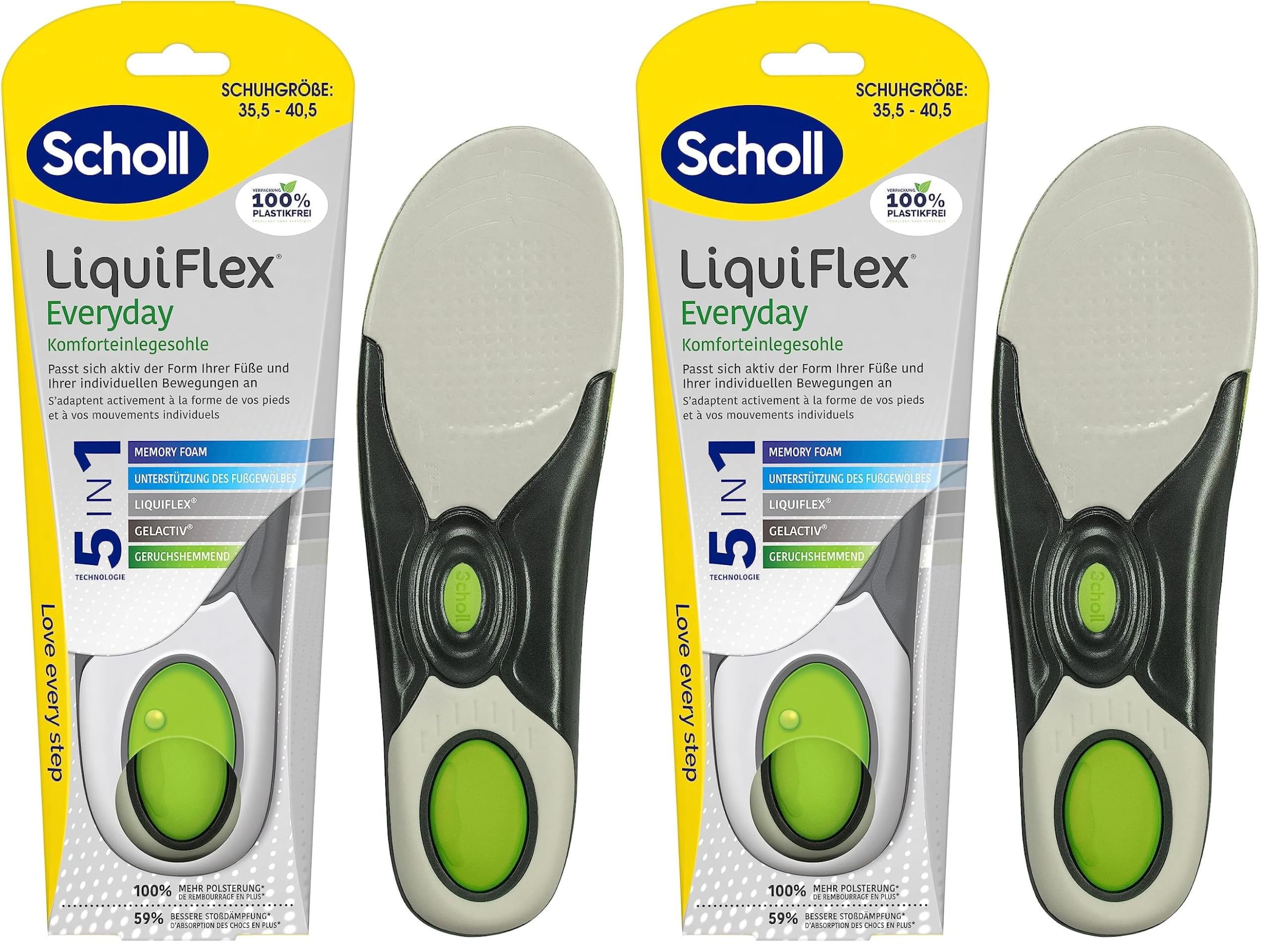 Scholl LiquiFlex Komforteinlegesohlen Everyday S, Einlegesohlen mit mehr Polsterung durch Memory Foam und Unterstützung des Fußgewölbes, 1 x 2 Stück (Packung mit 2)