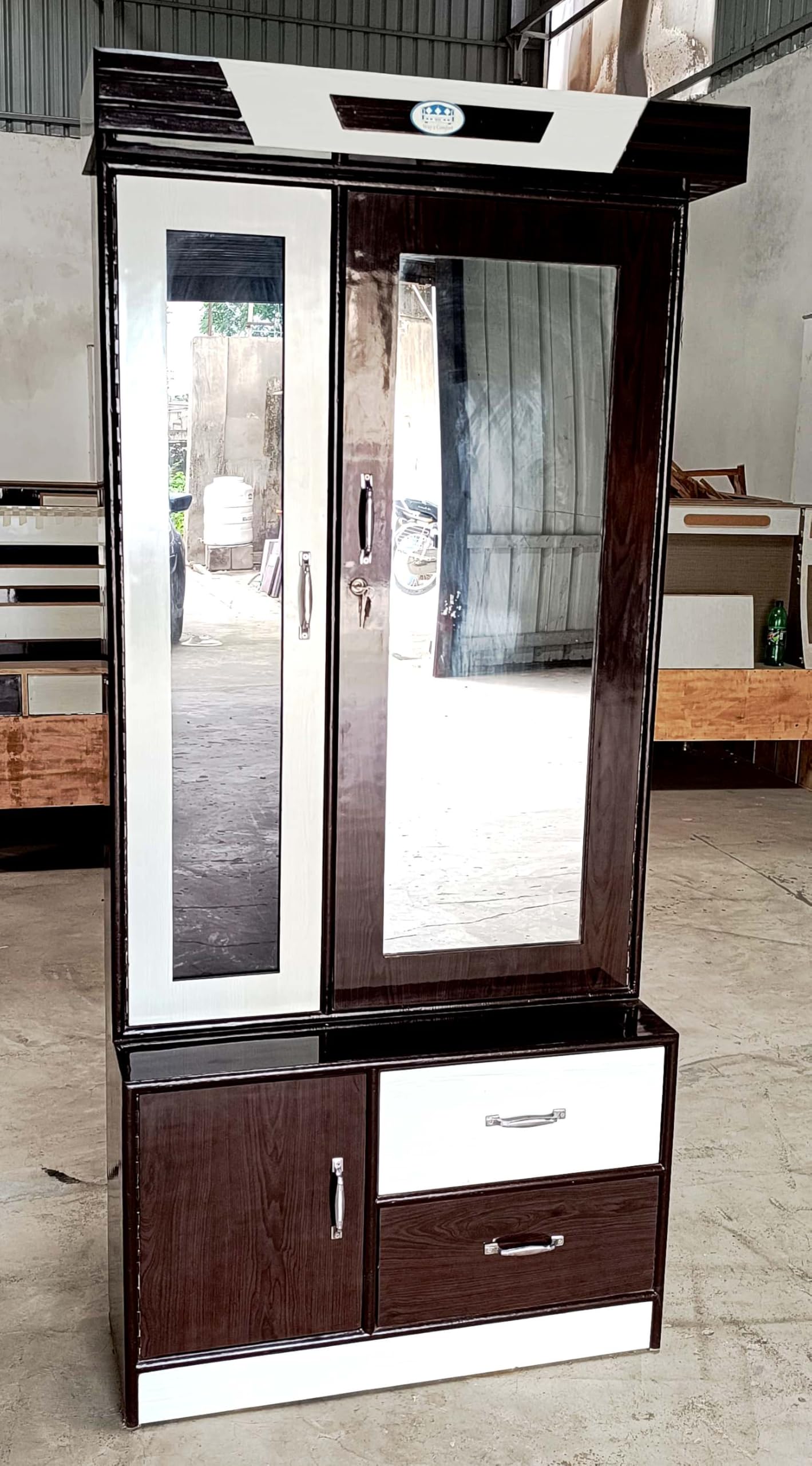 Dressing Table with Mirror for Bedroom, 6 ft Height, 3 Width, 1 Depth, Wooden Plyboard, 4 Storage Shelves, Brown and White-picture-29