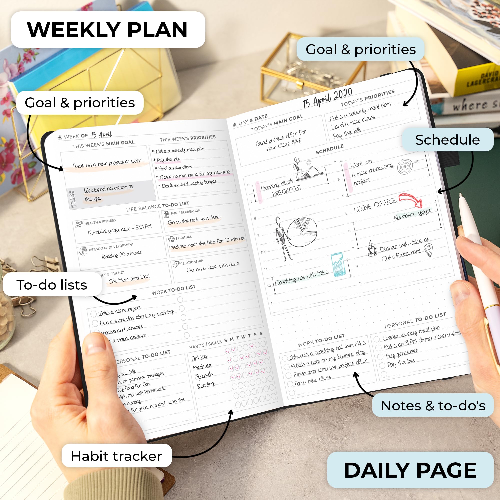 Clever Fox Planner Daily Premium – Agenda giornaliera senza data, con orario, organizzatore personale, diario della produttività, 6 mesi (nero)