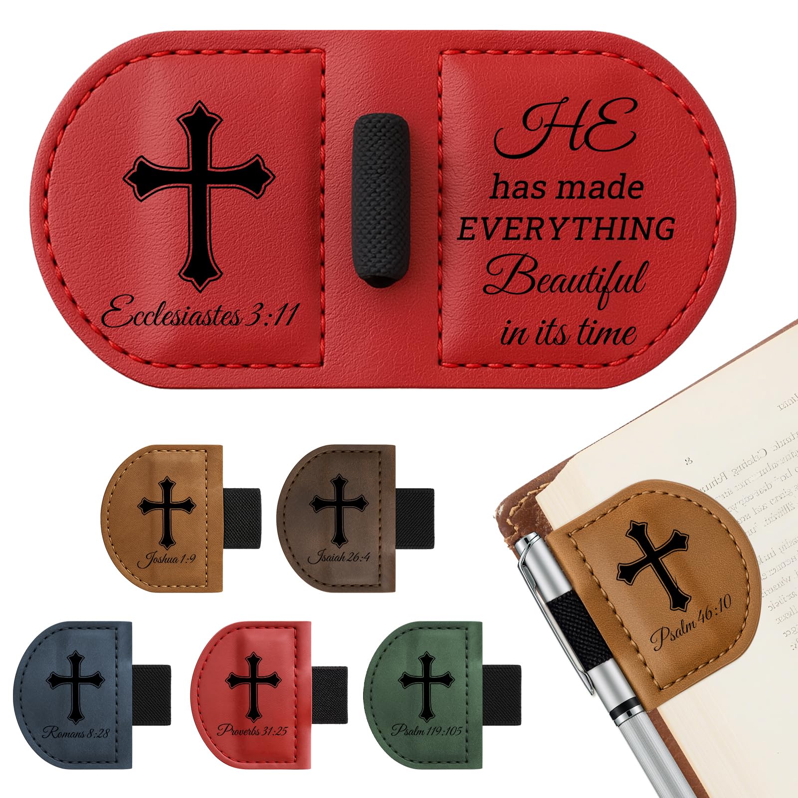 Bygone Mark Magnetic Personalized Leather Bookmark with Pen Holder - Engraved Scripture Detail, Inspirational Reading Accessory and Gift for Christian Book Lovers (Red-Ecclesiastes 3:11)