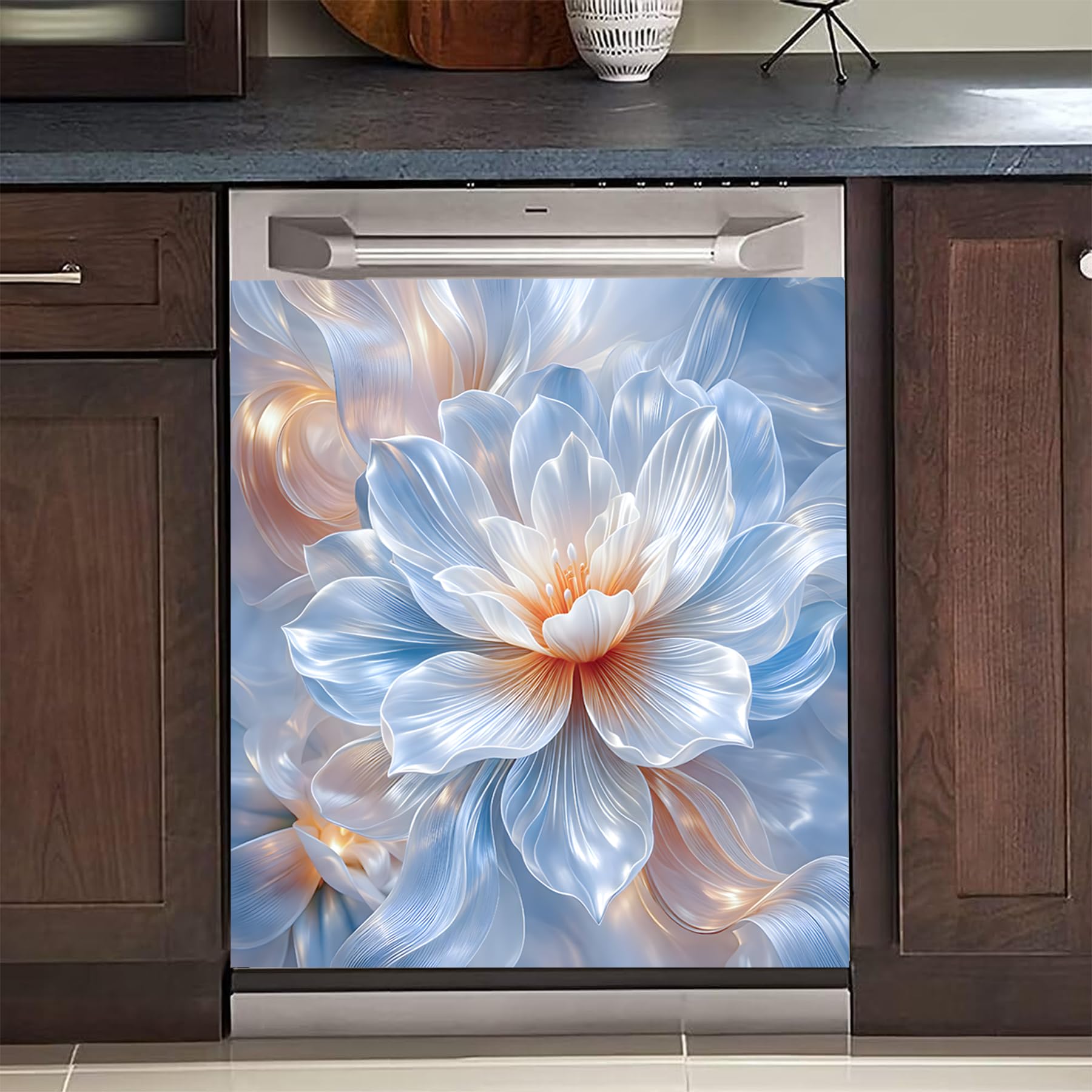 BVBOX Dishwasher Magnet Cover 23"x26", Reusable Magnetic Refrigerator Covers, Decorative Magnets Cover Fridge Door Skin Panel Stickers for Home Kitchen Appliance (Blue Lotus, 23"x26")