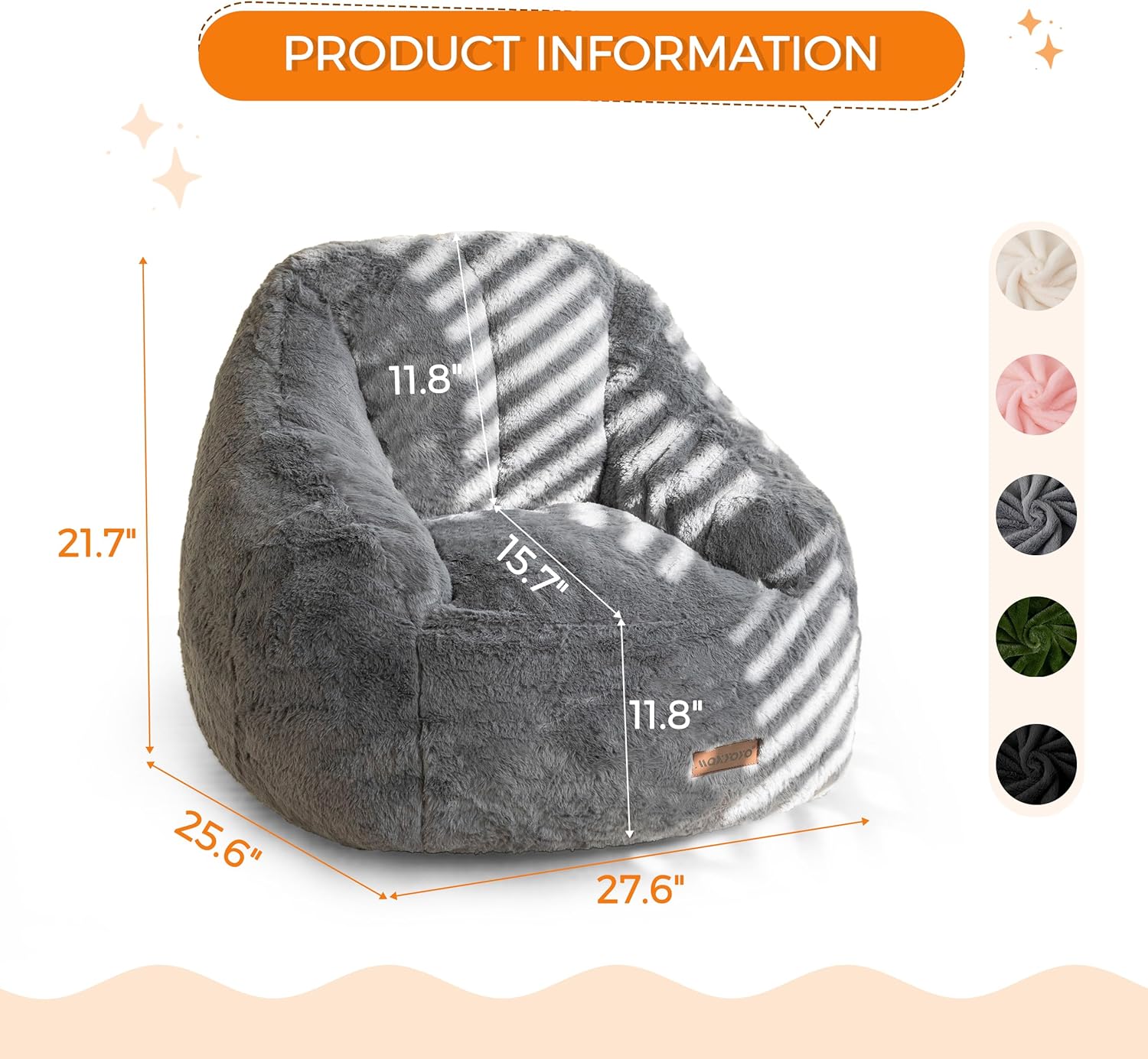 MAXYOYO Kids Bean Bag Chair, Comfy Bean Bag Sofa with Back Support, Faux Fur Cute Chair for Boys and Girls, Stuffed Floor Sofa for Nursery, Bedroom, Grey