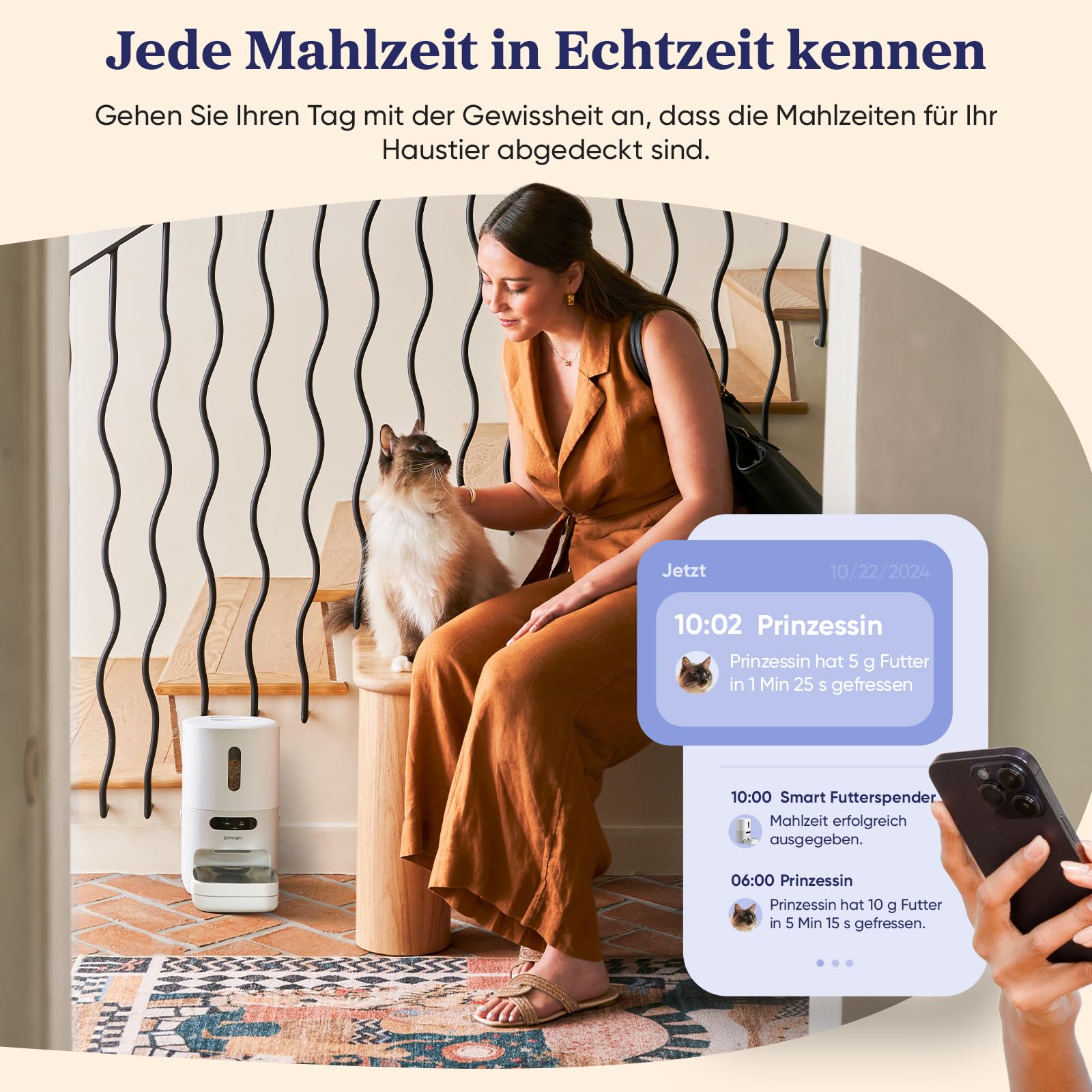 Pawsync Smart Futterautomat, Farbwechselnde Erinnerung, Haustierfutter-Trockenmittel hält Futter trocken & frisch, bis zu 3 Monate, App-Benachrichtigungen, Cremeweiß