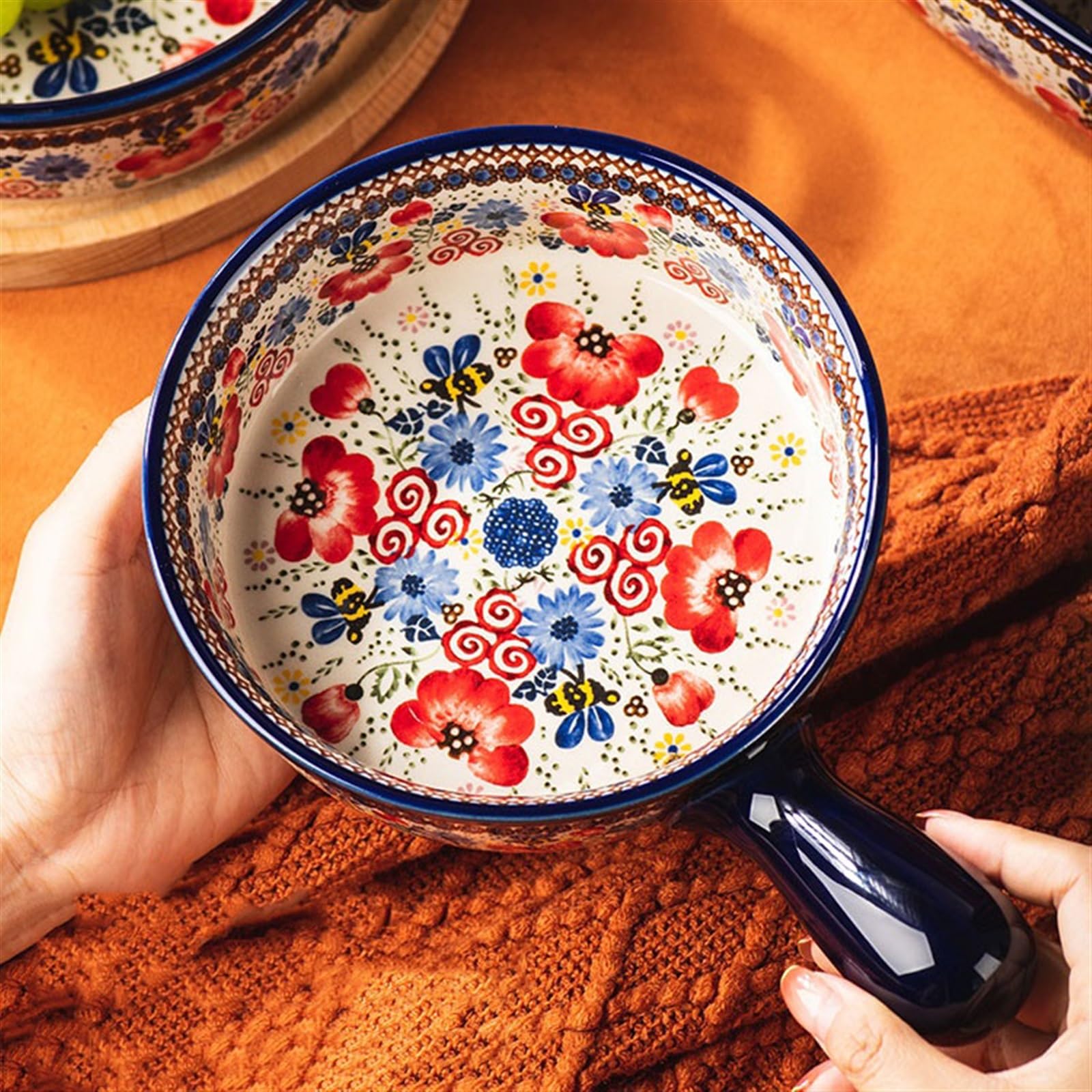 Naczynie Do Pieczenia Zastawa stołowa podszkliwna do użytku domowego Ceramiczne naczynie pieczenia w wysokiej temperaturze Duża pojemność Miska z uchwytem Głębokie(16.3cm)