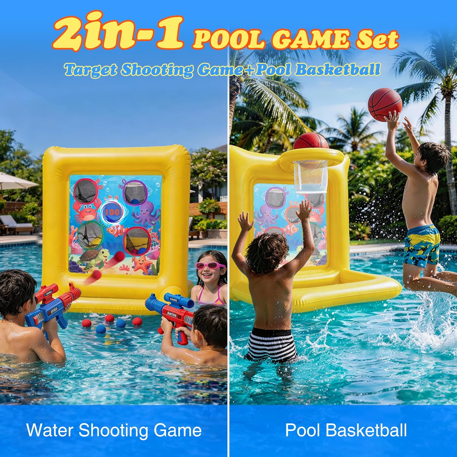 Pool Toys for Kids & Adults, 2-in-1 Shooting Target Game & Pool Basketball Hoop, Family Pool Toy for Summer Swimming Pool Games, Pool Party Games and Backyard Fun