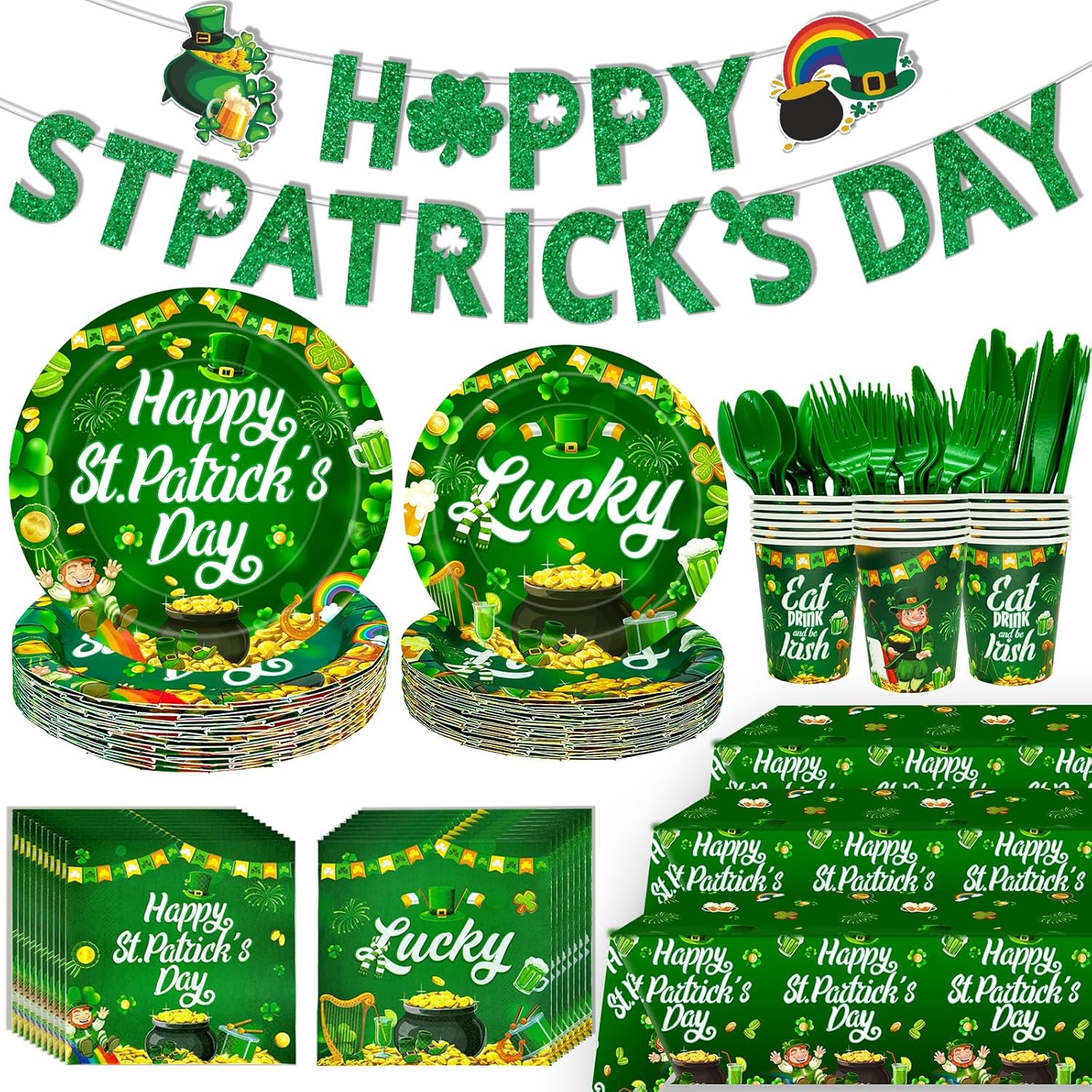 189Pcs St Patrick's Day Party Supplies St Patricks Day Decorations Green Shamrock Plates Napkins Happy St Patricks Day Banner with St Patricks Dinnerware for St Patricks Day Party Decorations