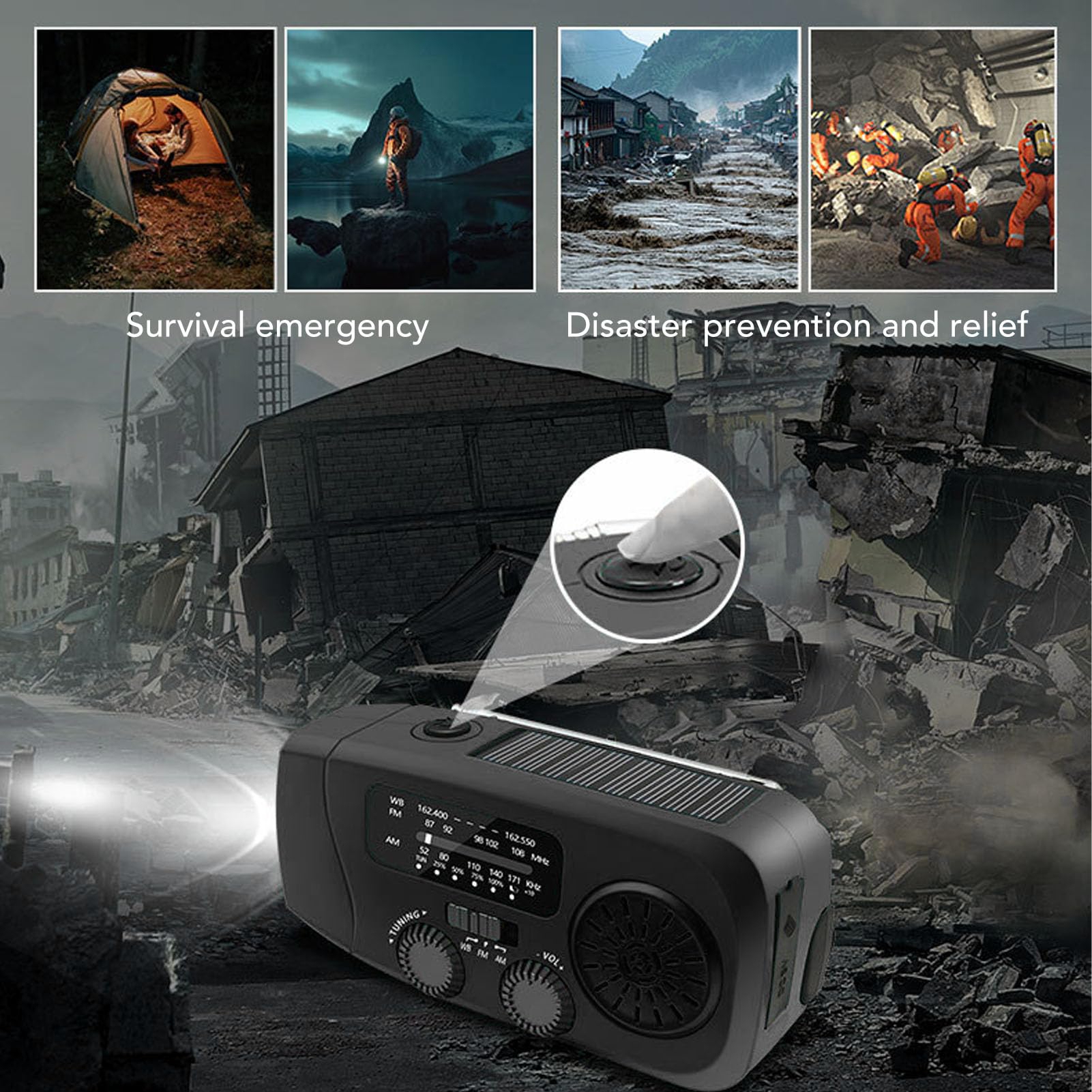 Radio de CigüeñAl de Mano Solar de 2000 MAh Am FM WB Radio de Alerta Meteorológica de Emergencia con 3 Métodos de Carga, IPX3, Luz LED para Acampar de Senderismo Al Aire Libre