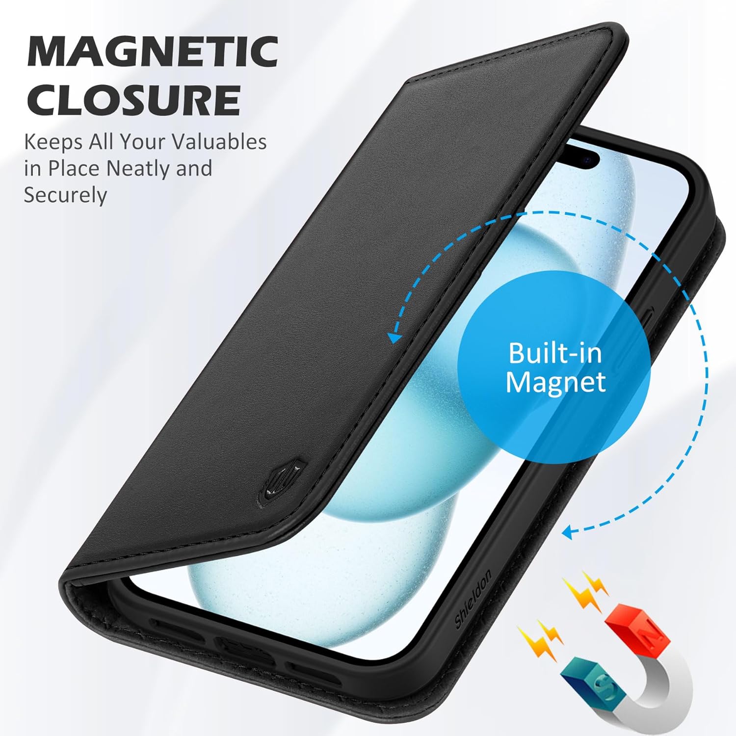 SHIELDON Case for iPhone 15 6.1" 2023, Genuine Leather Flip Wallet Case with [Kickstand] [RFID Blocking Card Holder] [Magnetic] Shock-Absorbent Protection Cover Compatible with iPhone 15 5G - Black