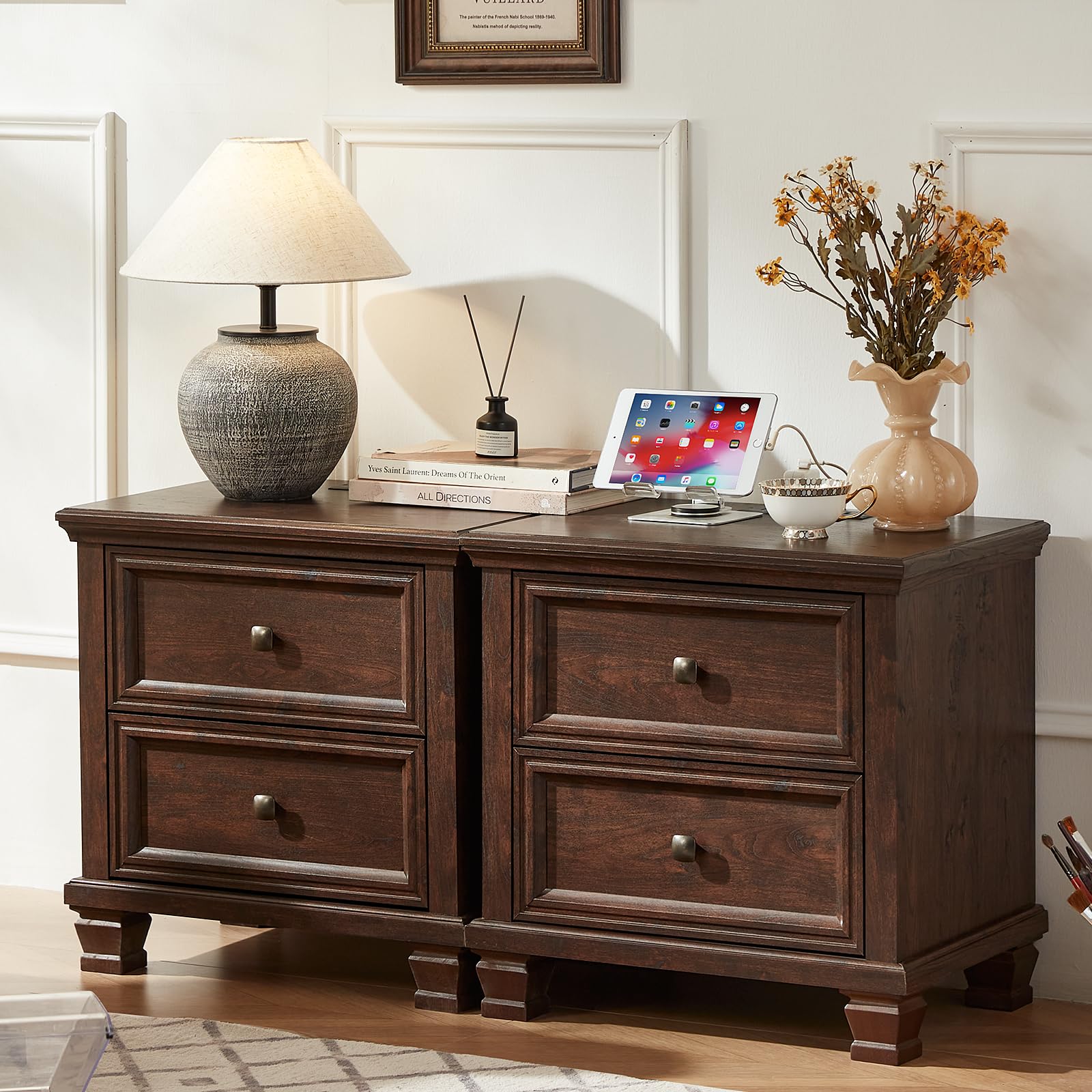 SAVOR LIFE Farmhouse Nightstand Set of 2, Rustic Low Nightstands with 2 Drawers & Charging Station, Vintage Night Stands with 4 Square Solid Wood Legs