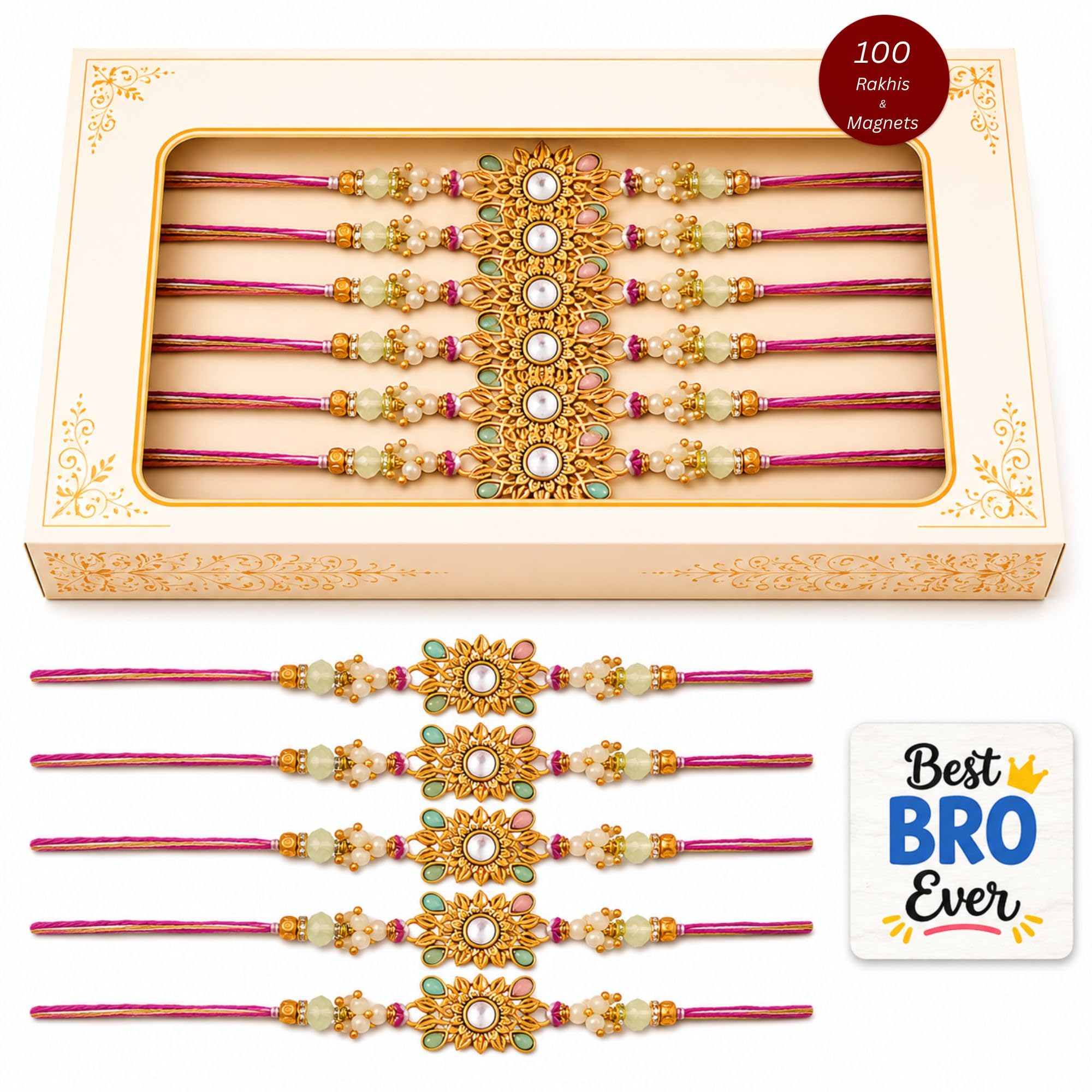 eCraftIndia Pack of 50 Beautiful Floral Designer Rakhi for Brother Bhaiya Bhai Kids Boy | 50 Best Bro Ever Fridge Magnets Gift Combo Set | Roli Chawal Pack | Raksha Bandhan Rakhi Collection