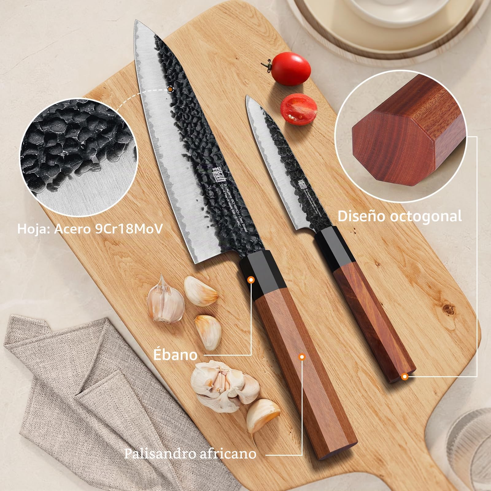 FINDKING Juego Cuchillos Cocina 4 Piezas Damasco 9Cr18MoV Madera | Set cuchillos cocina, 4 piezas, acero 9Cr18MoV, hoja damasco martillada, mango palisandro, chef, santoku, nakiri, diario