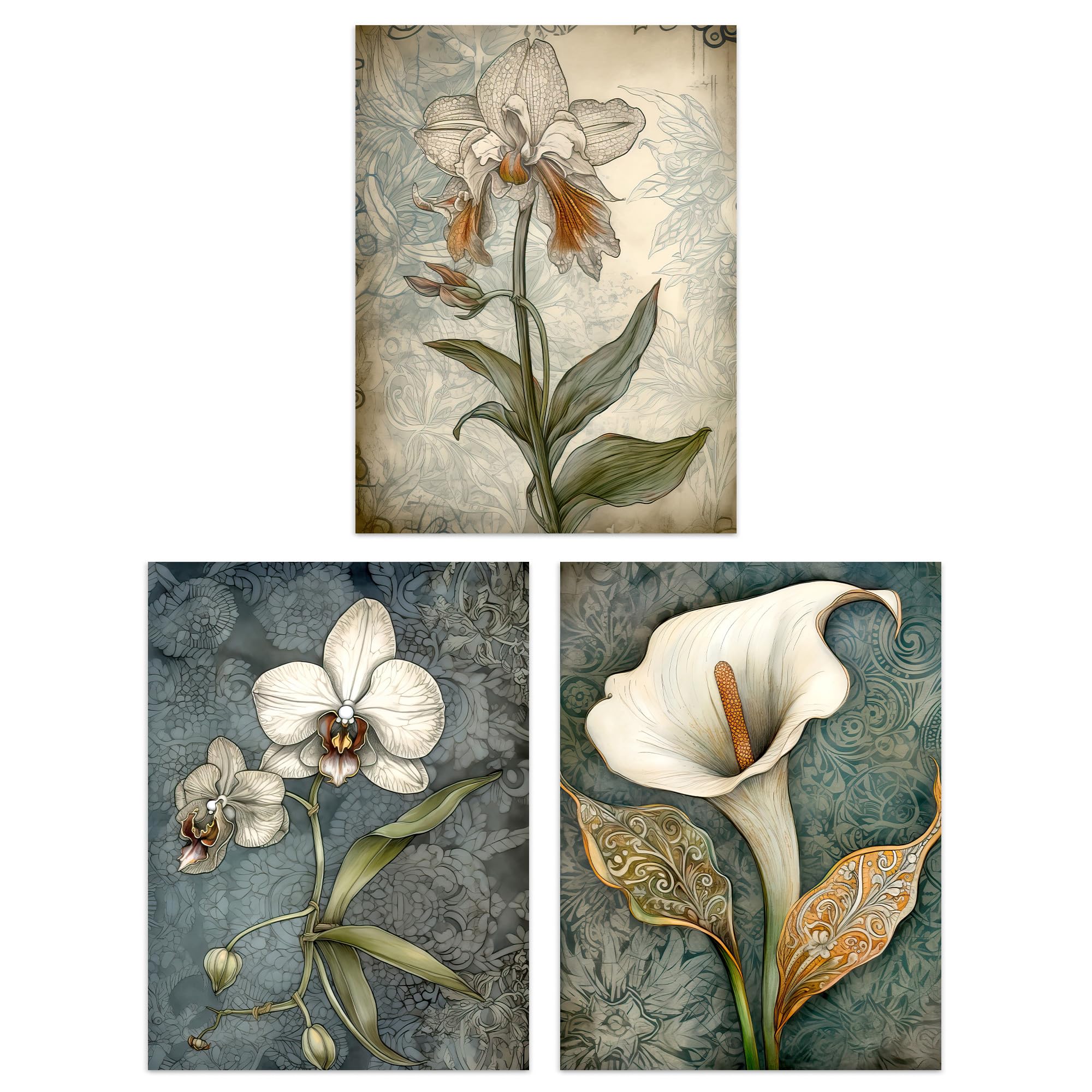 Artery8 Vintage Flowers - Set Of 3 Set Of 3 Elegant Single Calla Lily And Orchids Flowers Calming Art Deco Style Artwork Unframed Wall Art Living Room Poster Prints Pack