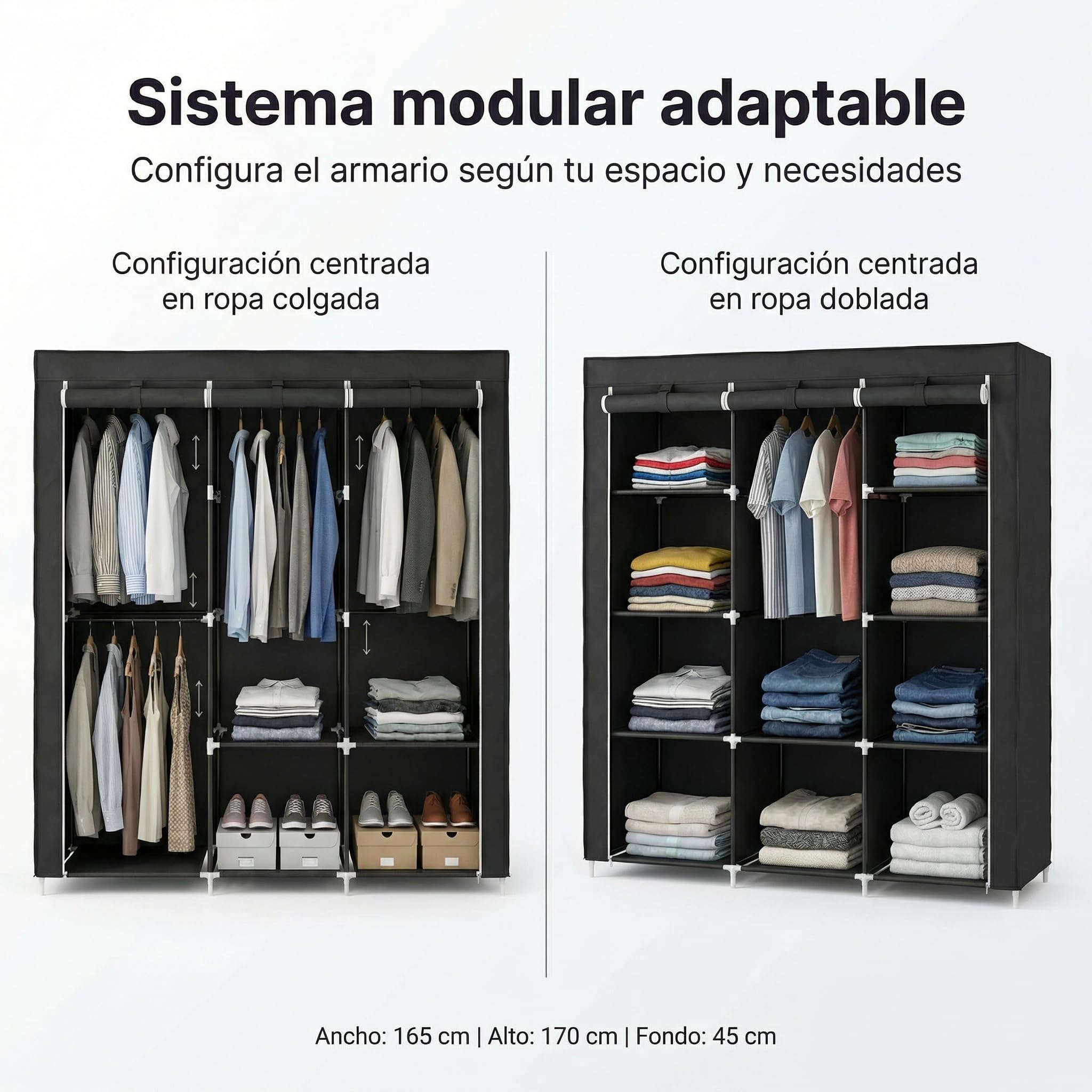 Pincho Armadio guardaroba in tessuto, armadio portatile per abbigliamento, organizer per vestiti, con cerniera, scaffali modulari con appendiabiti, Wardrobe, armadio organizer - 170 x 45 x 165 cm nero