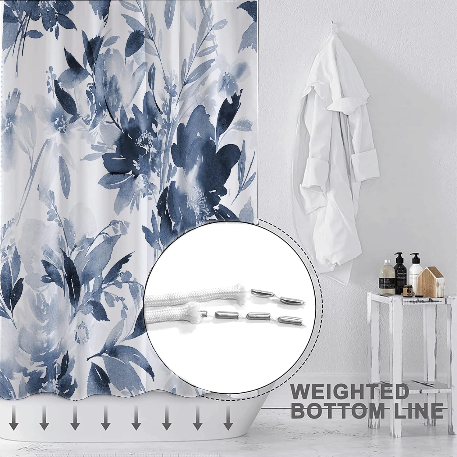 Decoreagy Blue Floral Shower Curtain Sets,Navy White Lush Flower Shower Curtains for Bathroom,Modern Ink Watercolor Flowers Plant Waterproof Fabric Stall Bath Curtain with 12 Hooks 72x72in : Home & Kitchen