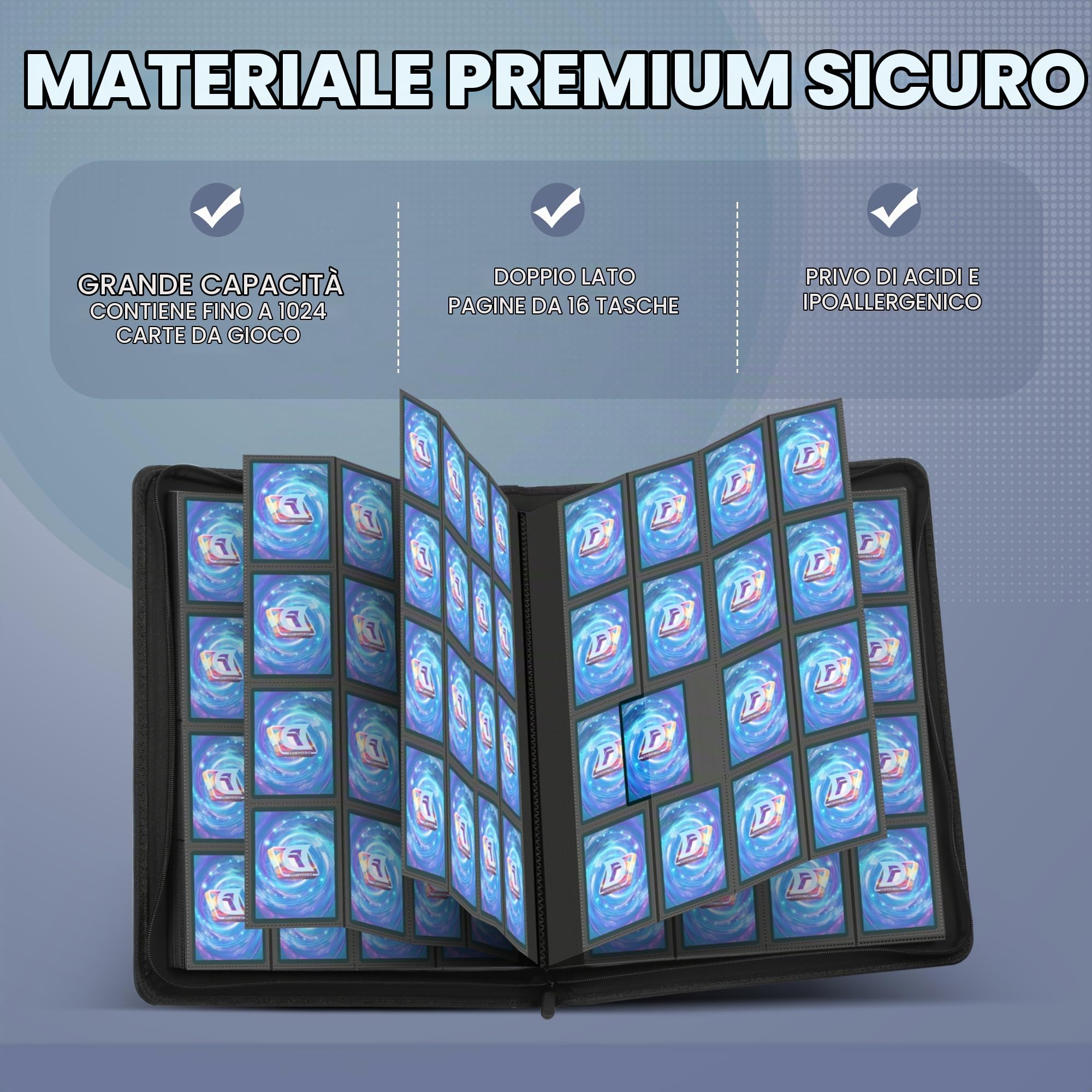 Album di carte da collezione, grande per 1000 carta, 16 scomparti, con chiusura lampo, per carte di trading, per YuGiOh, MTG, carte sportive, ecc. nero