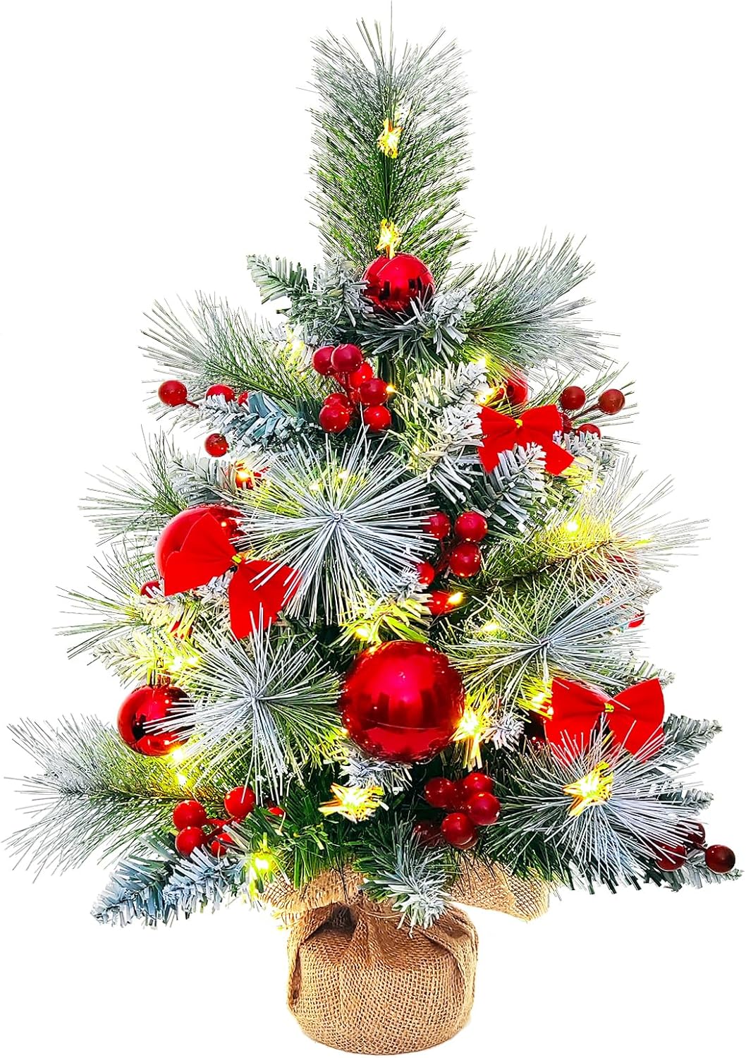 Small Christmas Tree with 50 Lights?22 Inches Artificial Tabletop Mini Christmas Tree with Pine Needle Branches Red Berries Red Bowknots Christmas Decorations for Home Store Party Holiday