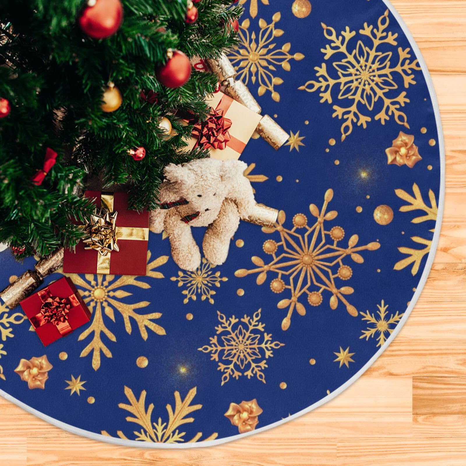 Christmas Tree Skirt 48 inch Gold Snowflake Christmas Blue Xmas Xmas Tree Skirt Large Holiday Party Tree Mat Rustic Christmas Decorations New Year Xmas Ornaments
