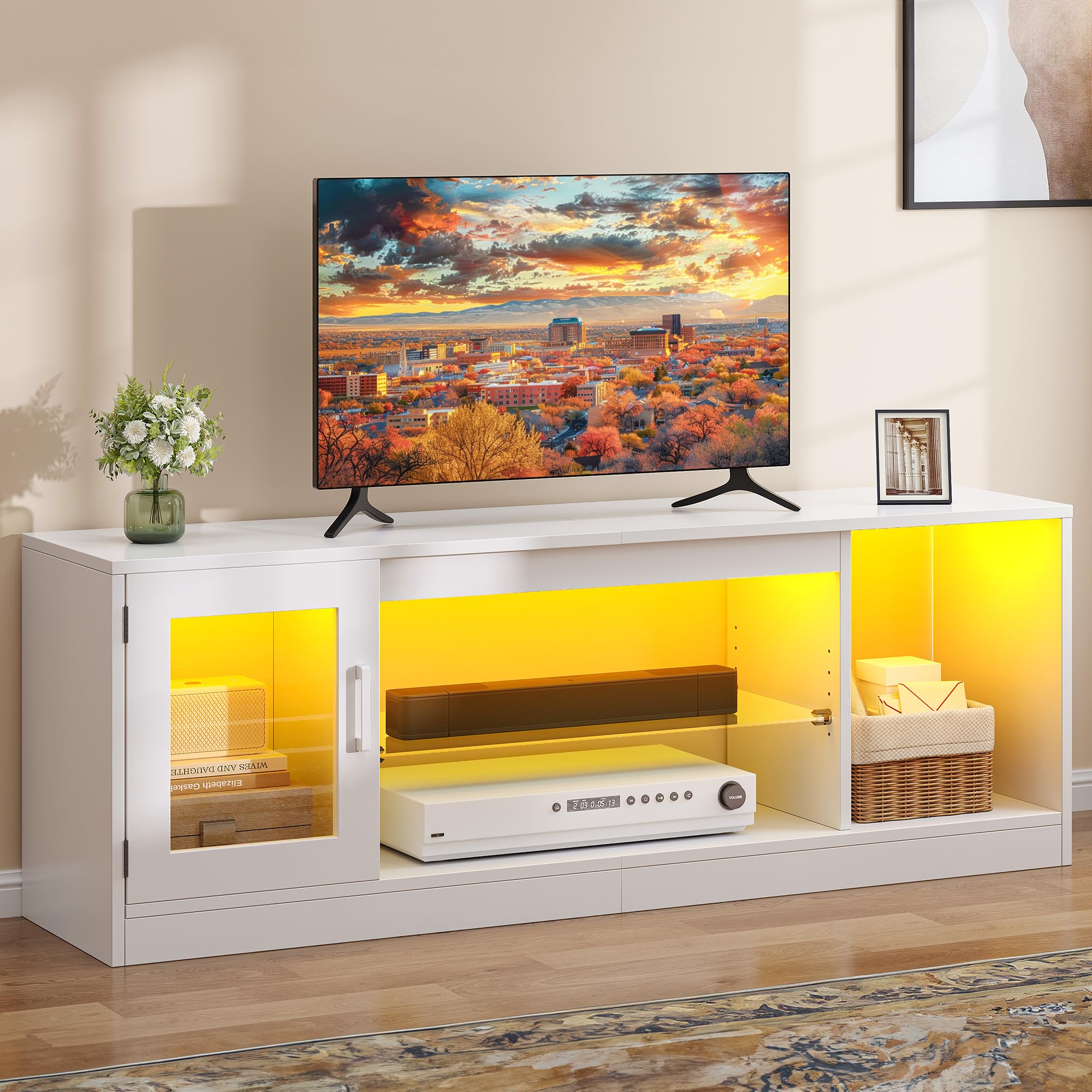 DWVO 148 cm Mueble de TV con Iluminación LED RGB 22 Modos para Televisores hasta 65 Pulgadas Mueble de Salón con Estantes de Cristal Regulables Ideal para Sala de Estar y Dormitorio