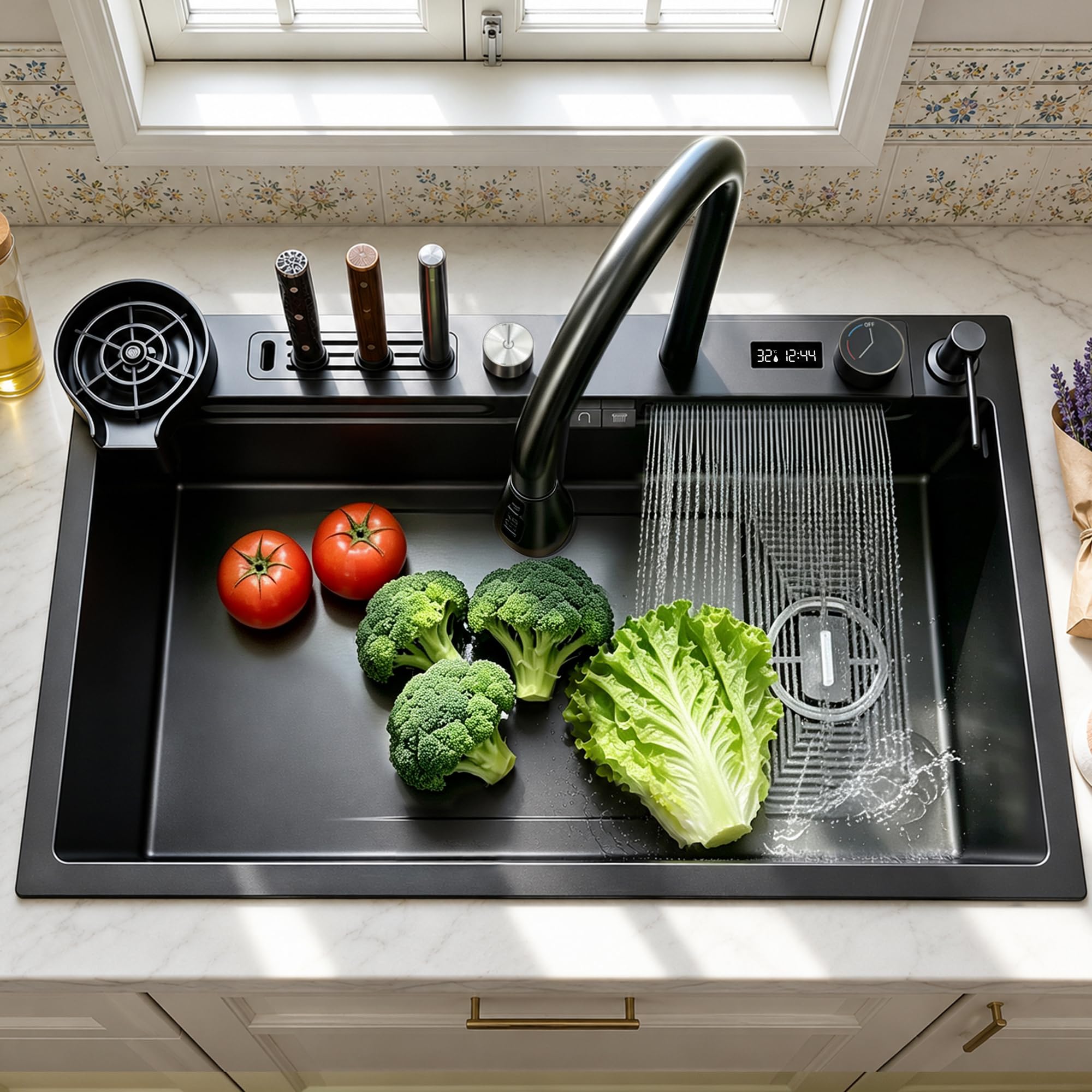 Koogimddr Black-Grey Stainless Steel Waterfall Kitchen Sink Combo With Pull-Out Faucet Nano-Coated Topmount Single Bowl Workstation Sink With Accessories, Pressure Pot Washer, Cutting Board, Draining Basket(,75X