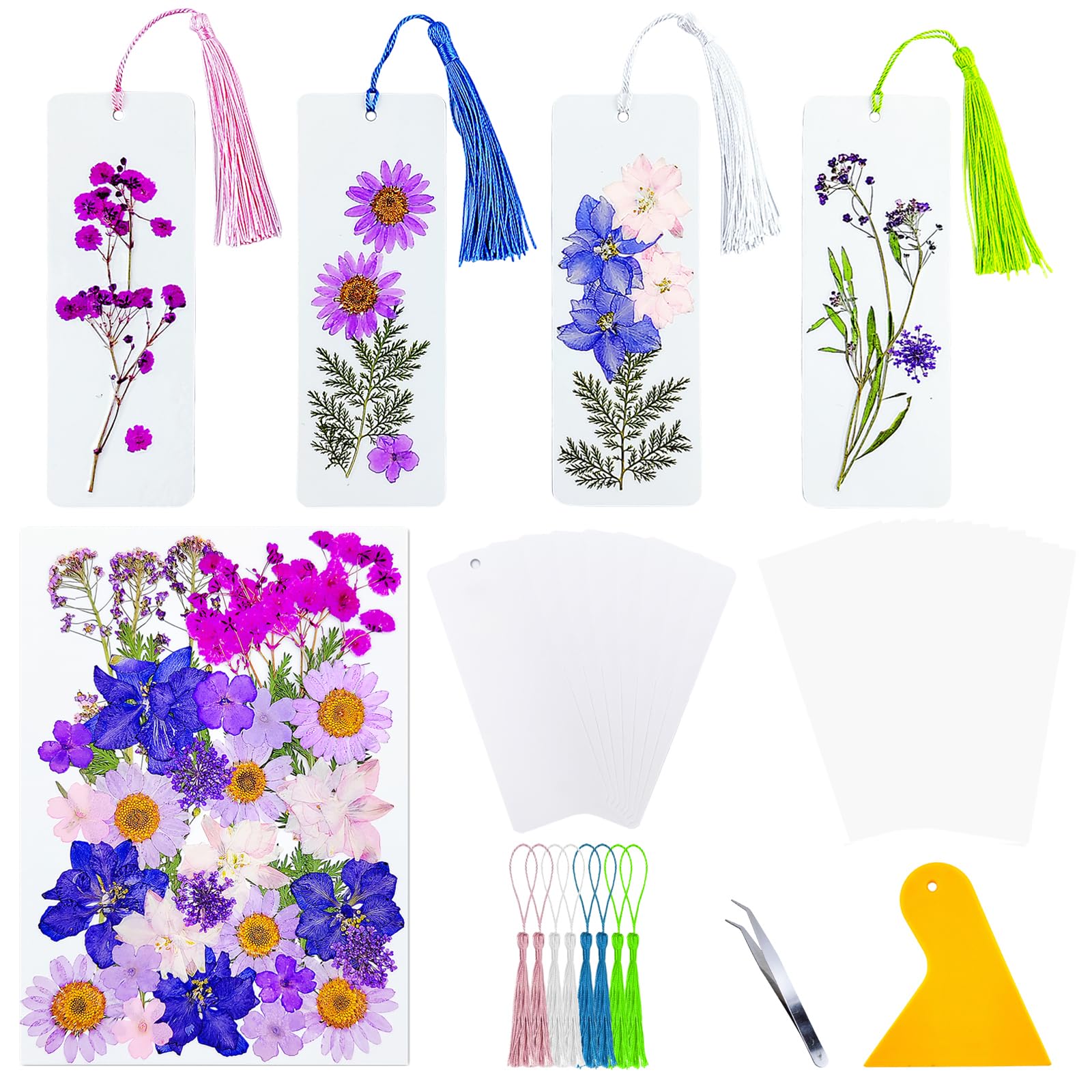 Cardstock Blank Bookmarks Set, 8 Pcs DIY White Craft Bookmarks for Pressed Flowers, Dried Floral Book Mark Making Kit with Pressed Flowers, Tassels, Book Marks for Dried Floral (Light Purple Colour)