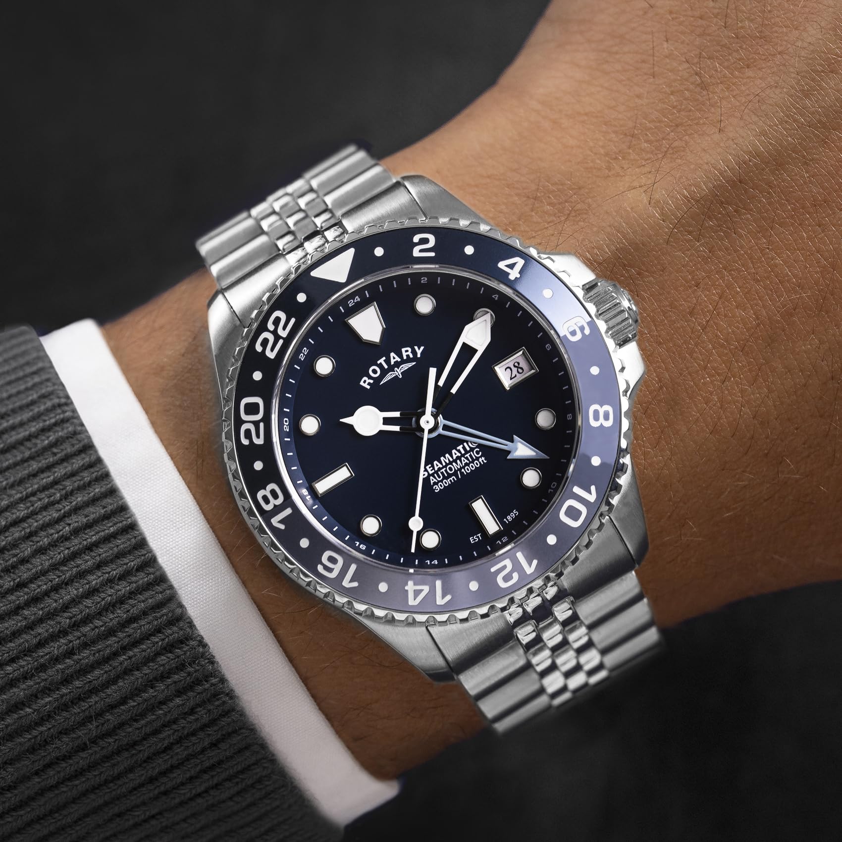 Rotary Seamatic GMT Herren-Armbanduhr, wasserdicht, blaues Zifferblatt, Edelstahl-Armband, 300 m