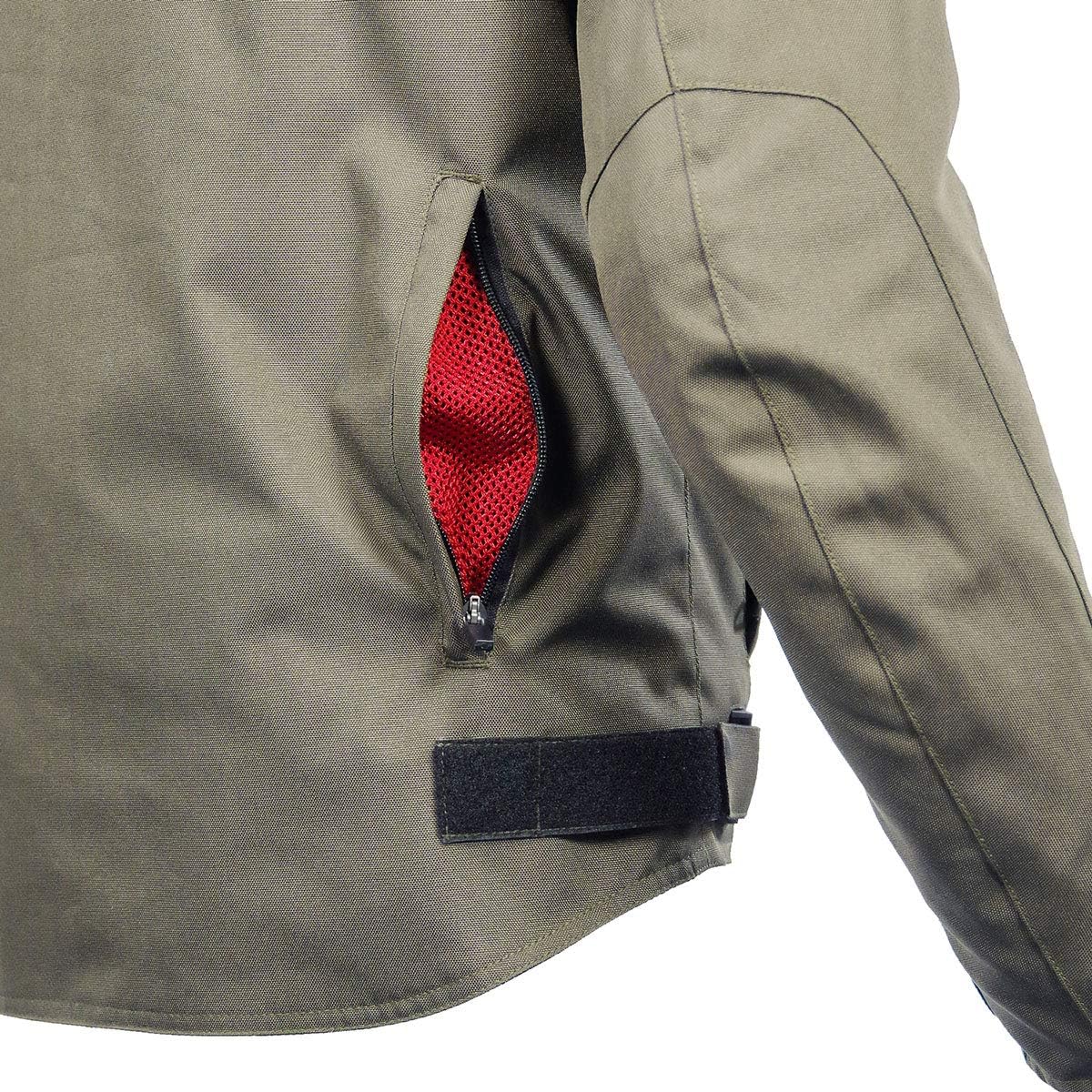 コミネ(KOMINE) JK-603のポケット部。裏地に赤色の生地が用いられ、デザイン面のアクセントと出し入れのしやすさに配慮している様子が分かる