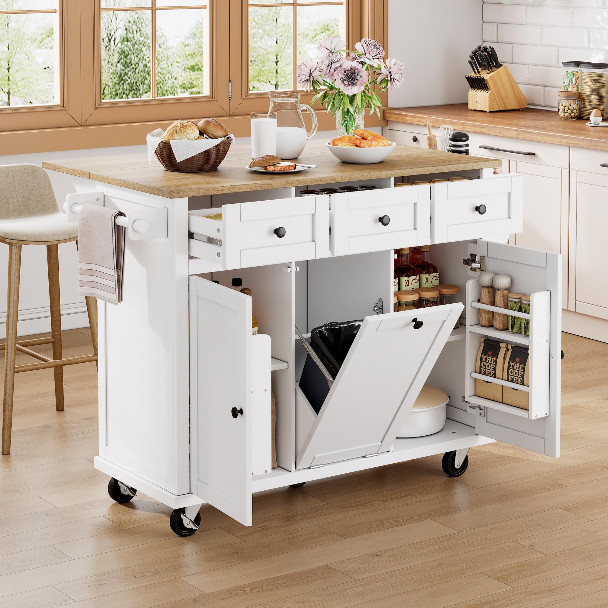 Îlot Central Cuisine sur roulettes, Meuble Cuisine avec Plan de Travail, Meuble Poubelle, Coin Repas Extensible, Tiroirs pour Cuisine et Salle à Manger, Blanc