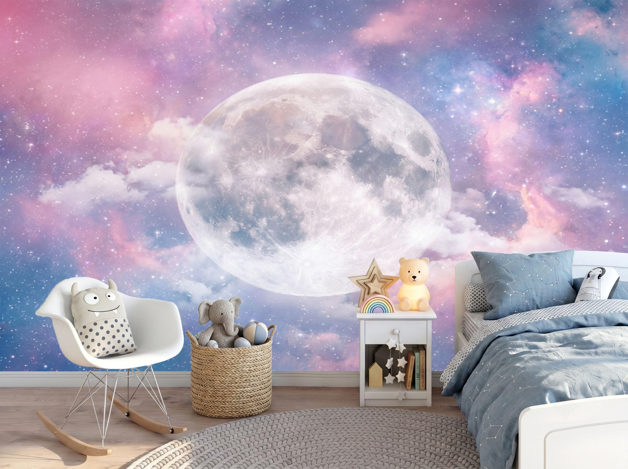 3D Carta Da Parati Panoramica Cielo stellato da sogno,400x280cm Fotomurale in seta Murali Nebulosa Gradiente della Luna Piena Per Adulto Camera Dei Bambini, Ristorante Decorazione Rosa-violaceo