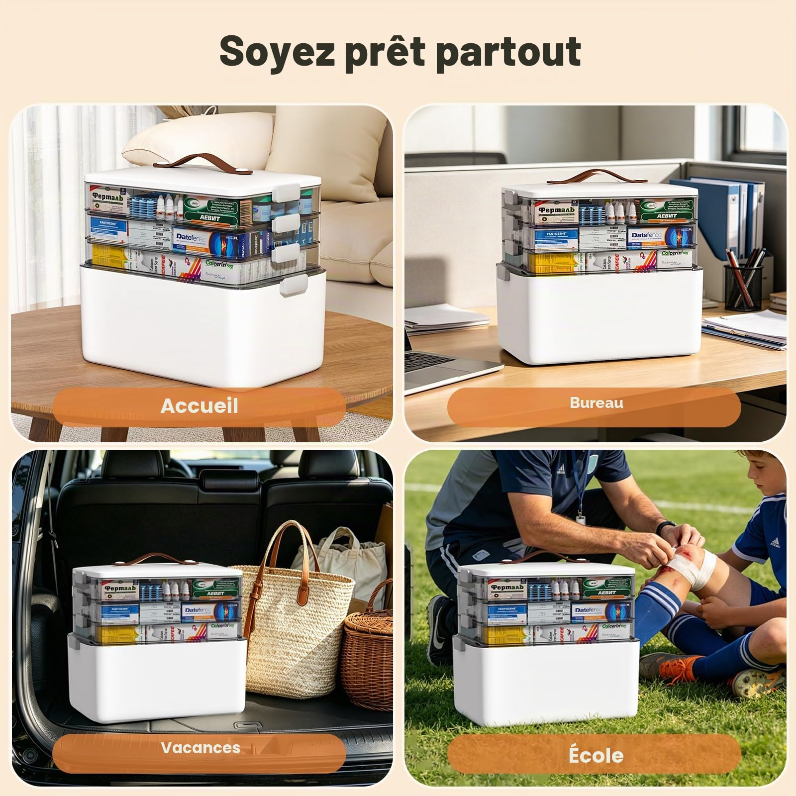 Boîte de rangement pour médicaments MOPUP à quatre compartiments avec poignée de transport, organisateur de médicaments multifonctionnel, boîte de rangement pour l'armoire à pharmacie (Extra large)